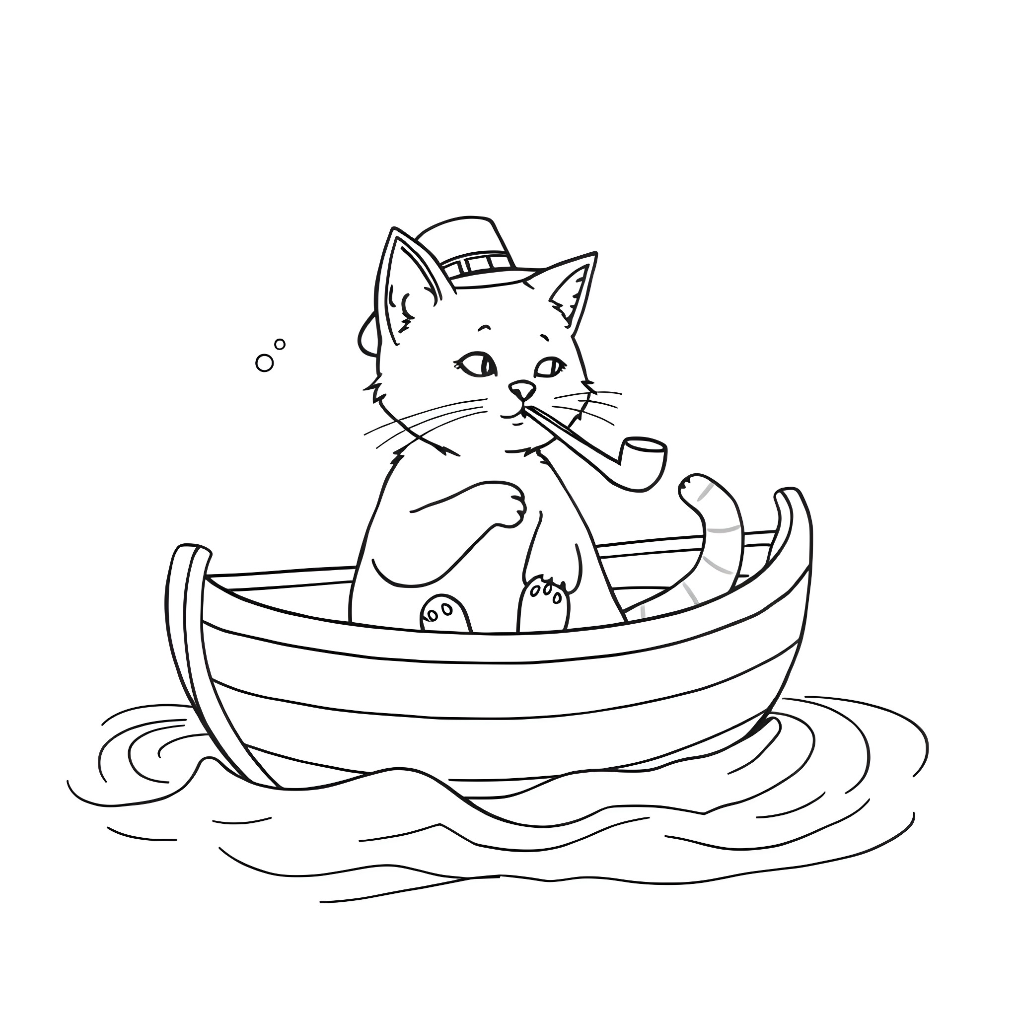 Cat sailing in a boat on the water Coloring Page (free black-and-white line drawing printable PDF for all, from beginners to advanced learners, including children, teens, adults, and seniors)