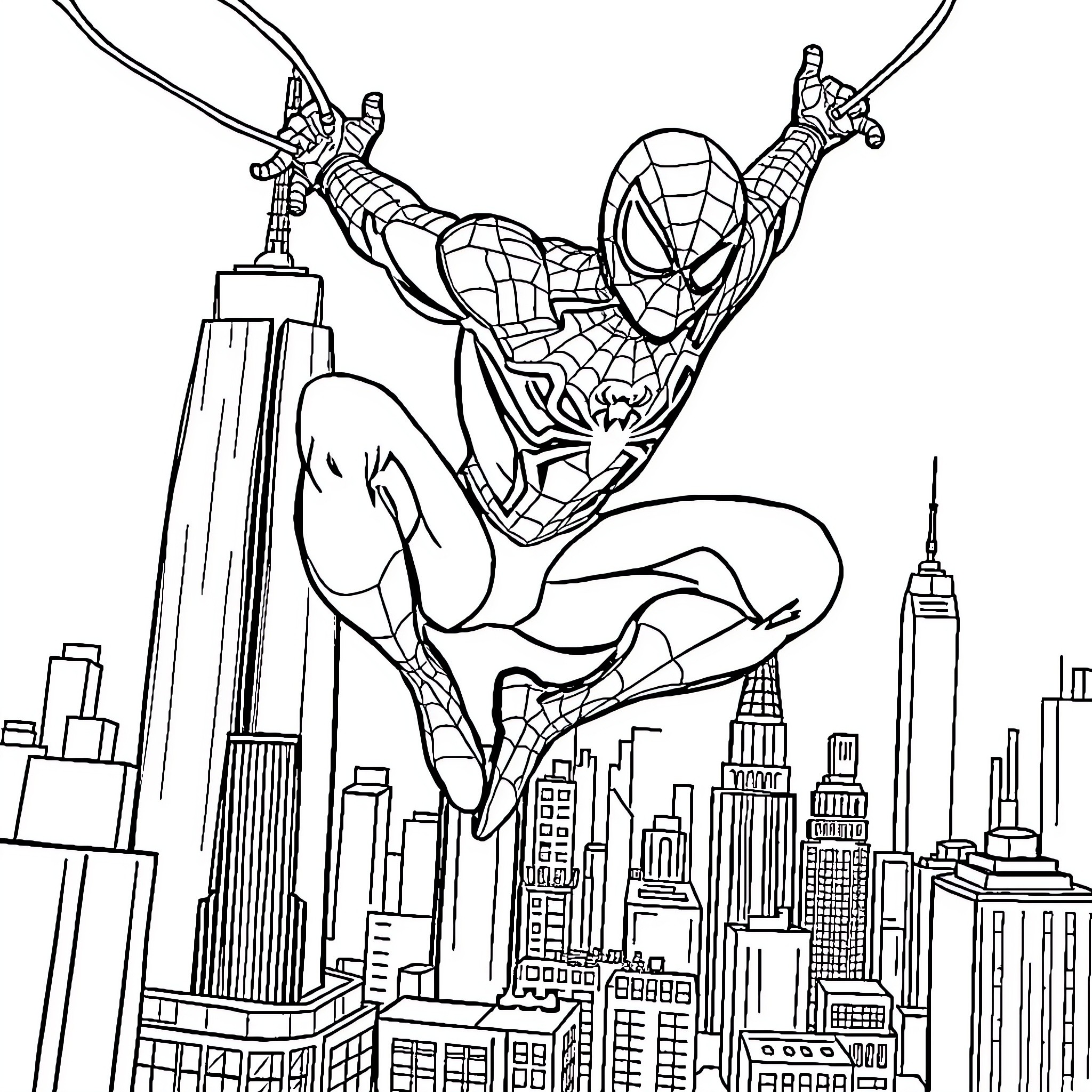 Spider-Man swinging through the city skyline Coloring Page (free black-and-white line drawing printable PDF for all, from beginners to advanced learners, including children, teens, adults, and seniors)