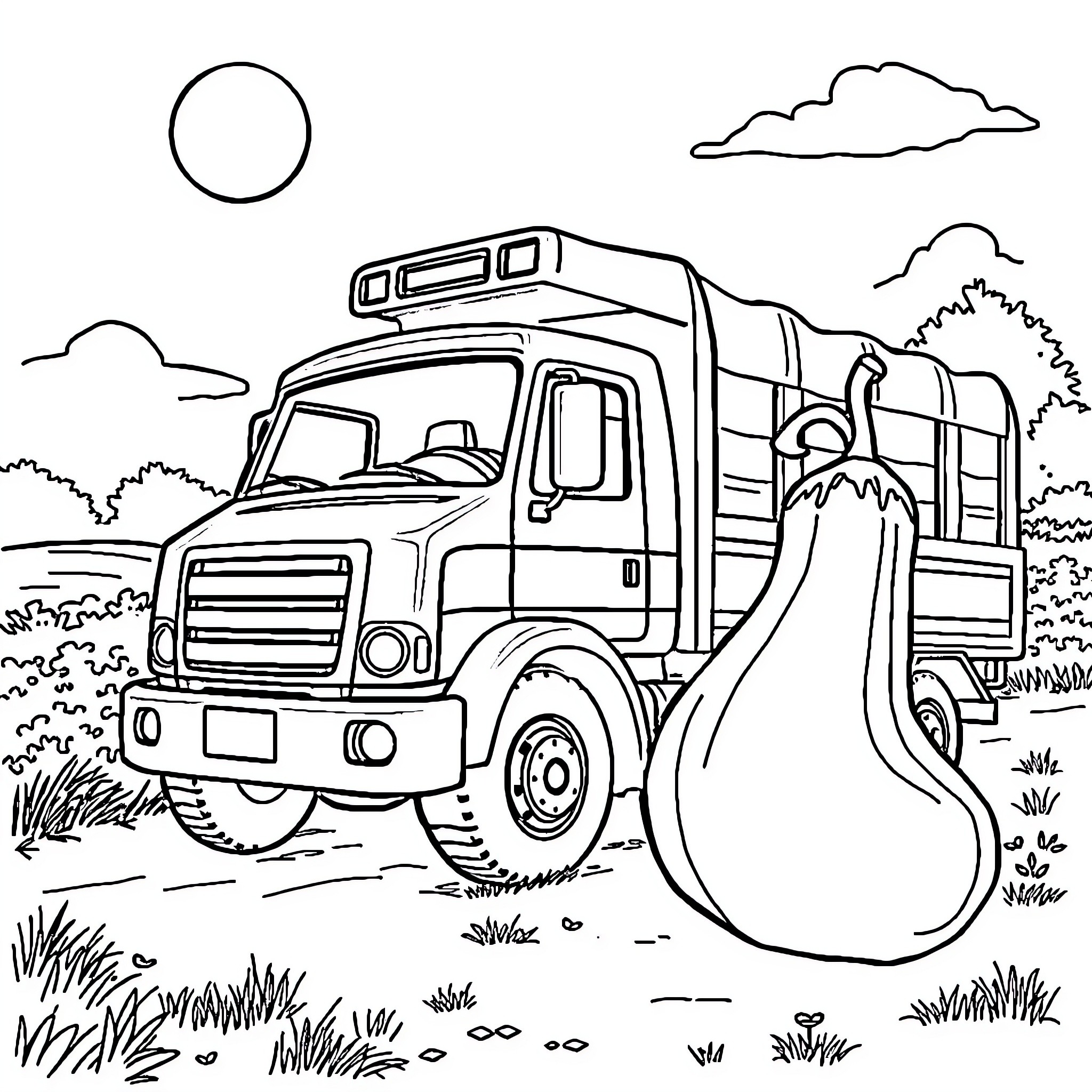 Camion carrying large equipment in countryside Coloring Page (free black-and-white line drawing printable PDF for all, from beginners to advanced learners, including children, teens, adults, and seniors)