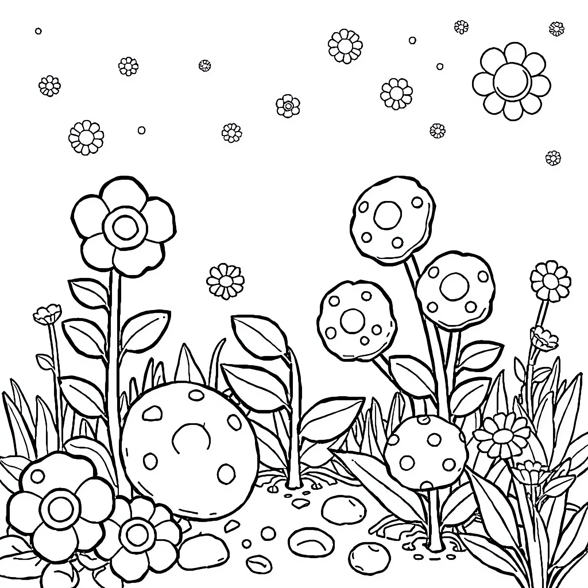 Cookie-Inspired Floral Landscape Coloring Page (free black-and-white line drawing printable PDF for all, from beginners to advanced learners, including children, teens, adults, and seniors)