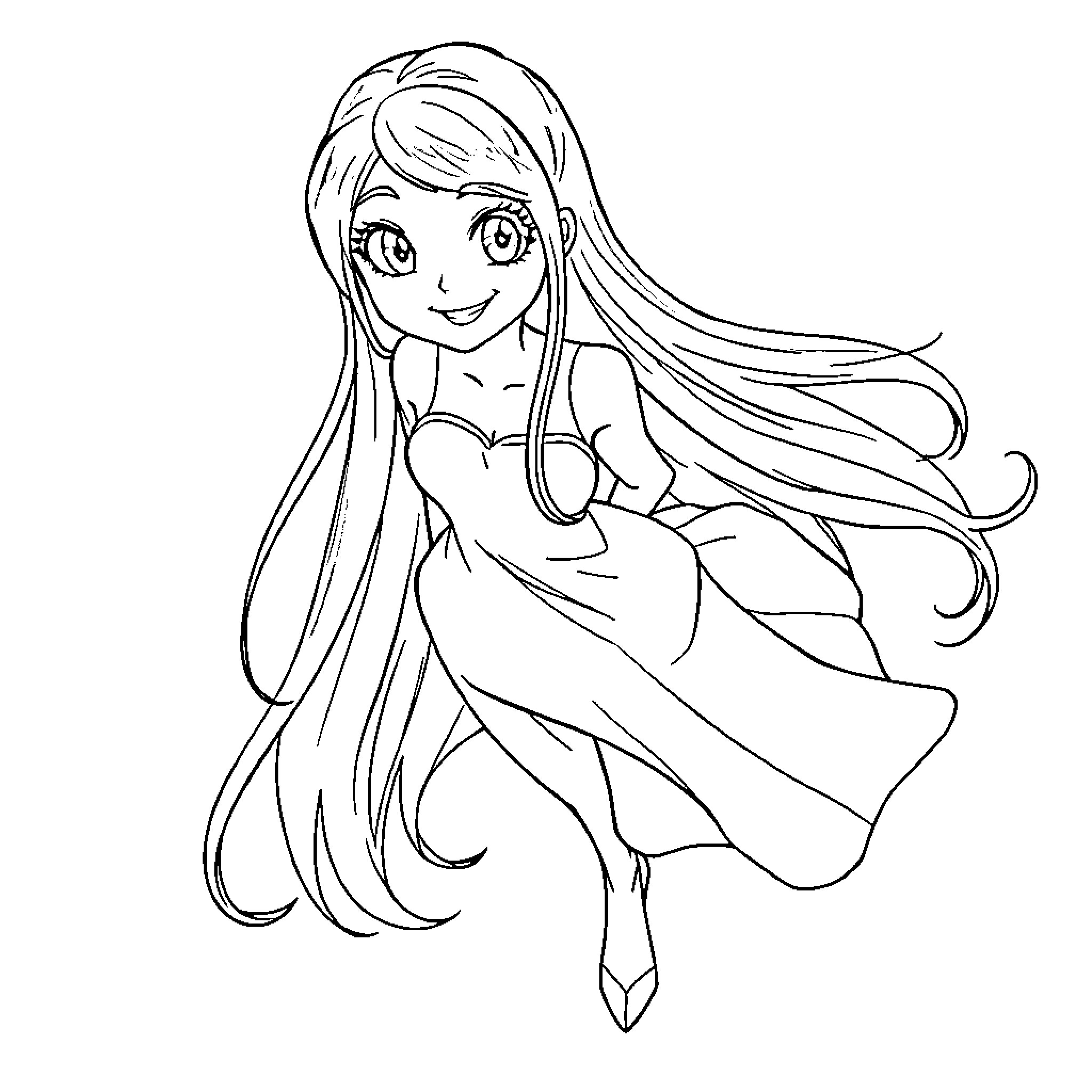 Character in elegant dress posing joyfully Coloring Page (free black-and-white line drawing printable PDF for all, from beginners to advanced learners, including children, teens, adults, and seniors)