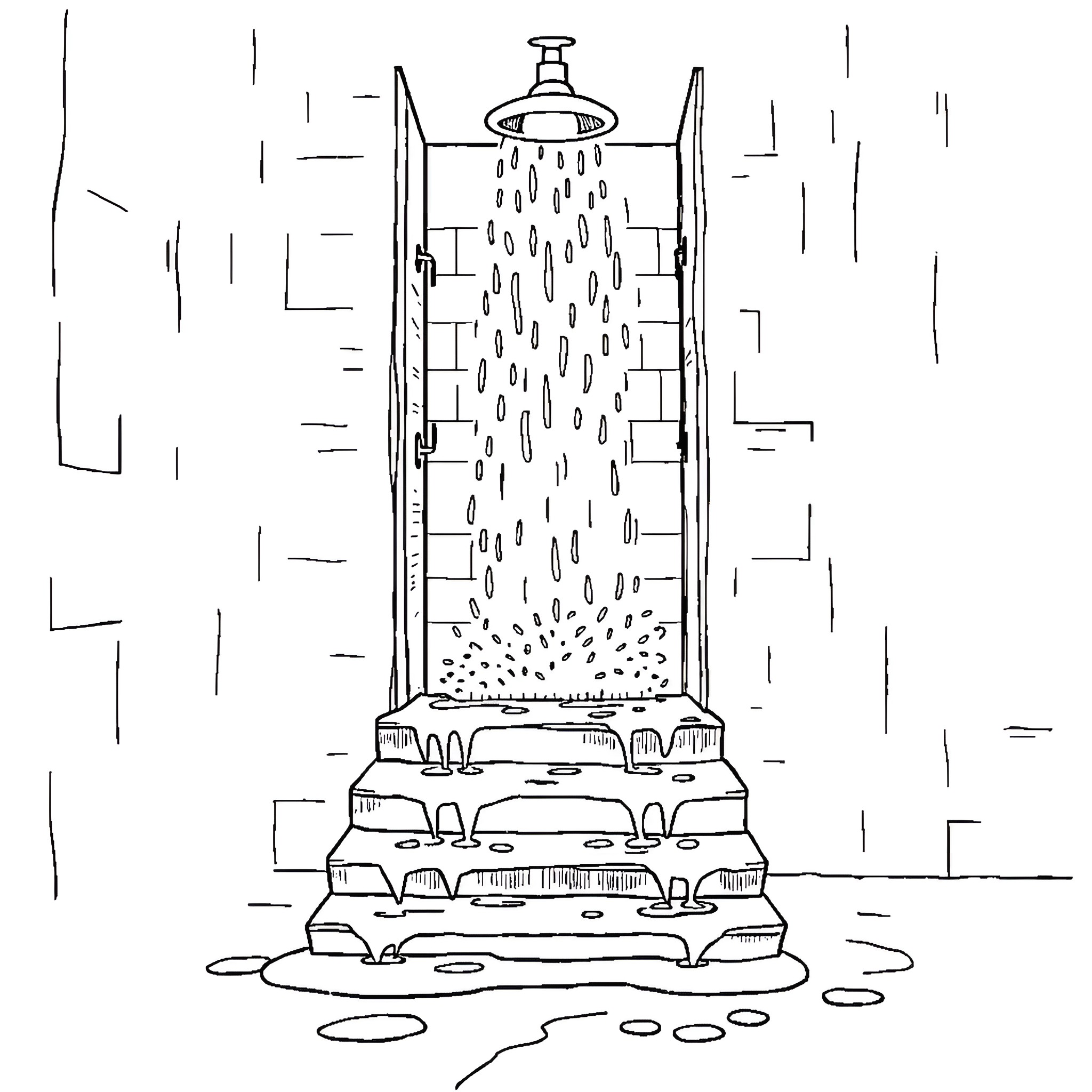 Shower of water droplets in the bathroom Coloring Page (free black-and-white line drawing printable PDF for all, from beginners to advanced learners, including children, teens, adults, and seniors)