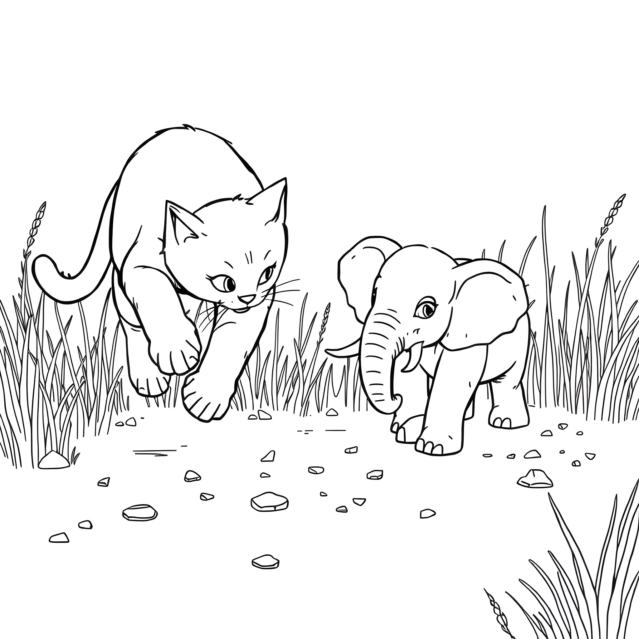 Cat and Elephant Explore the Outdoors Coloring Page (free black-and-white line drawing printable PDF for all, from beginners to advanced learners, including children, teens, adults, and seniors)