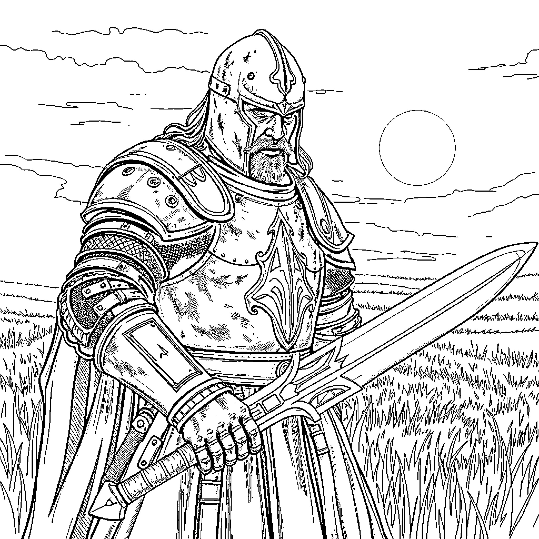 Knight Standing Tall with Sword and Armor Coloring Page (free black-and-white line drawing printable PDF for all, from beginners to advanced learners, including children, teens, adults, and seniors)