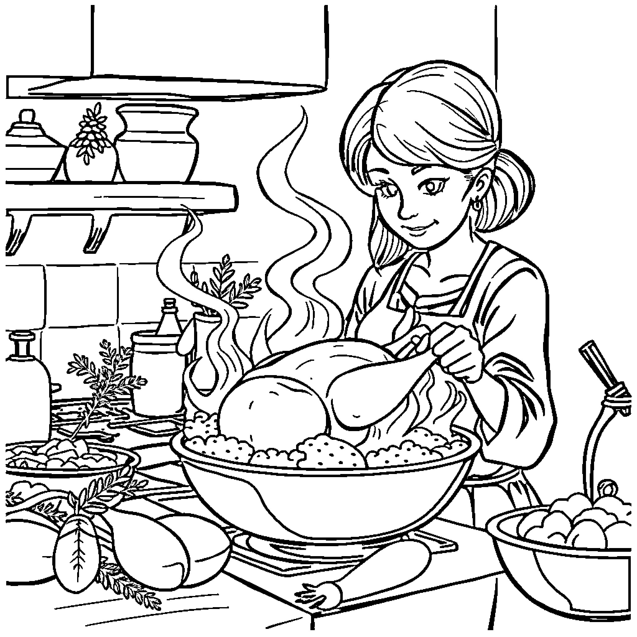 Mom preparing a delicious holiday meal in the kitchen Coloring Page (free black-and-white line drawing printable PDF for all, from beginners to advanced learners, including children, teens, adults, and seniors)