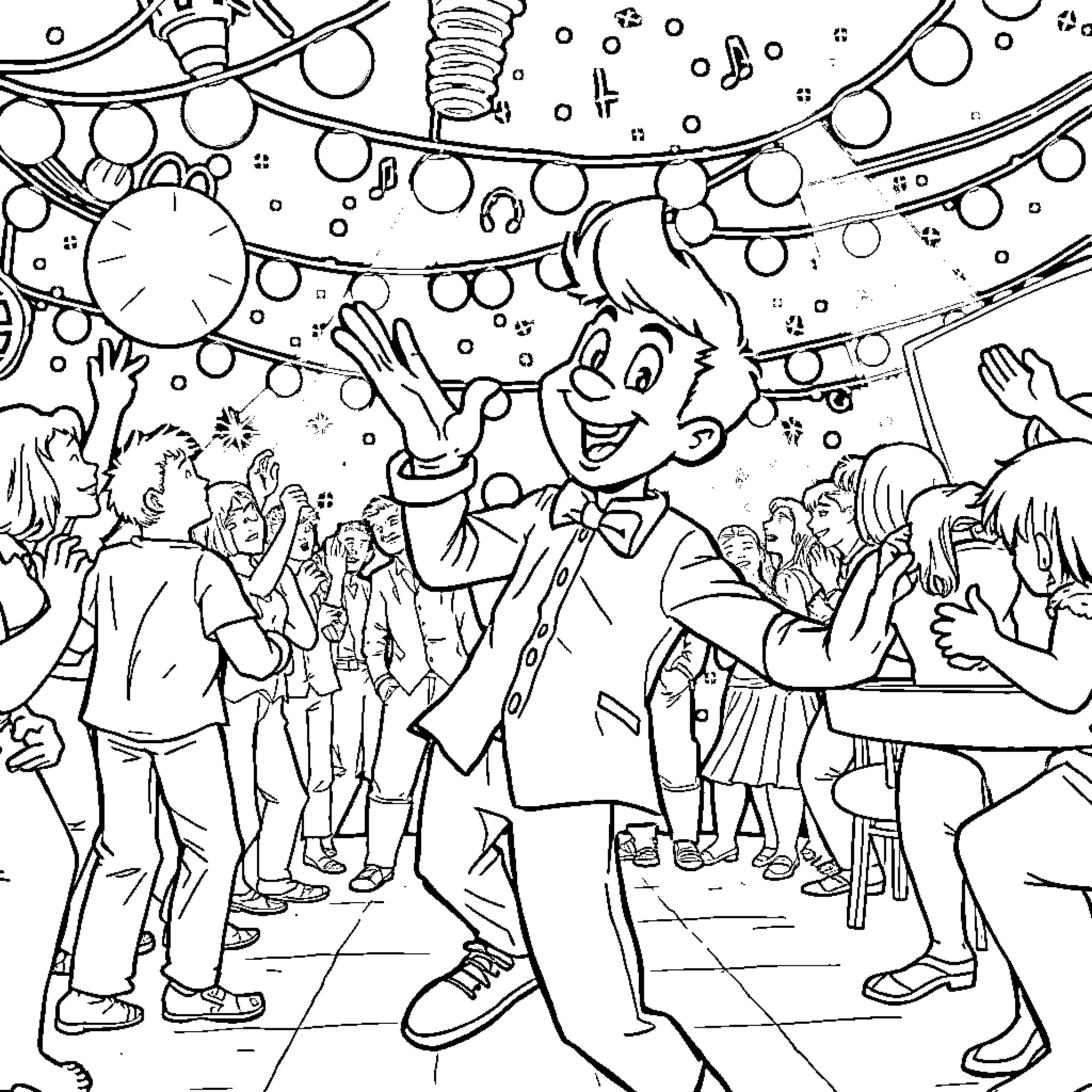 Danny Go Celebrating at a Lively Party Coloring Page (free black-and-white line drawing printable PDF for all, from beginners to advanced learners, including children, teens, adults, and seniors)