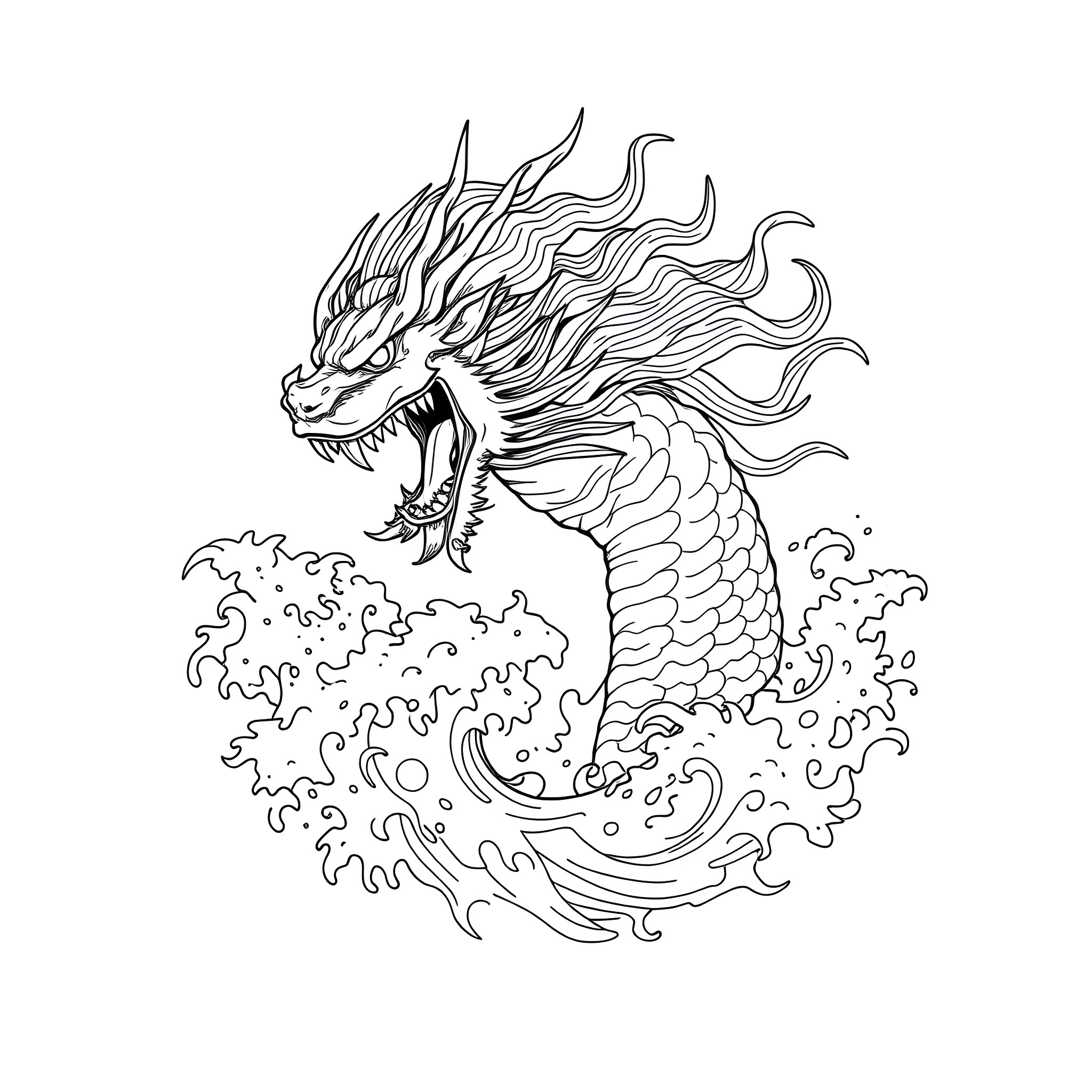 Mishipeshu fierce water monster emerging from waves Coloring Page (free black-and-white line drawing printable PDF for all, from beginners to advanced learners, including children, teens, adults, and seniors)