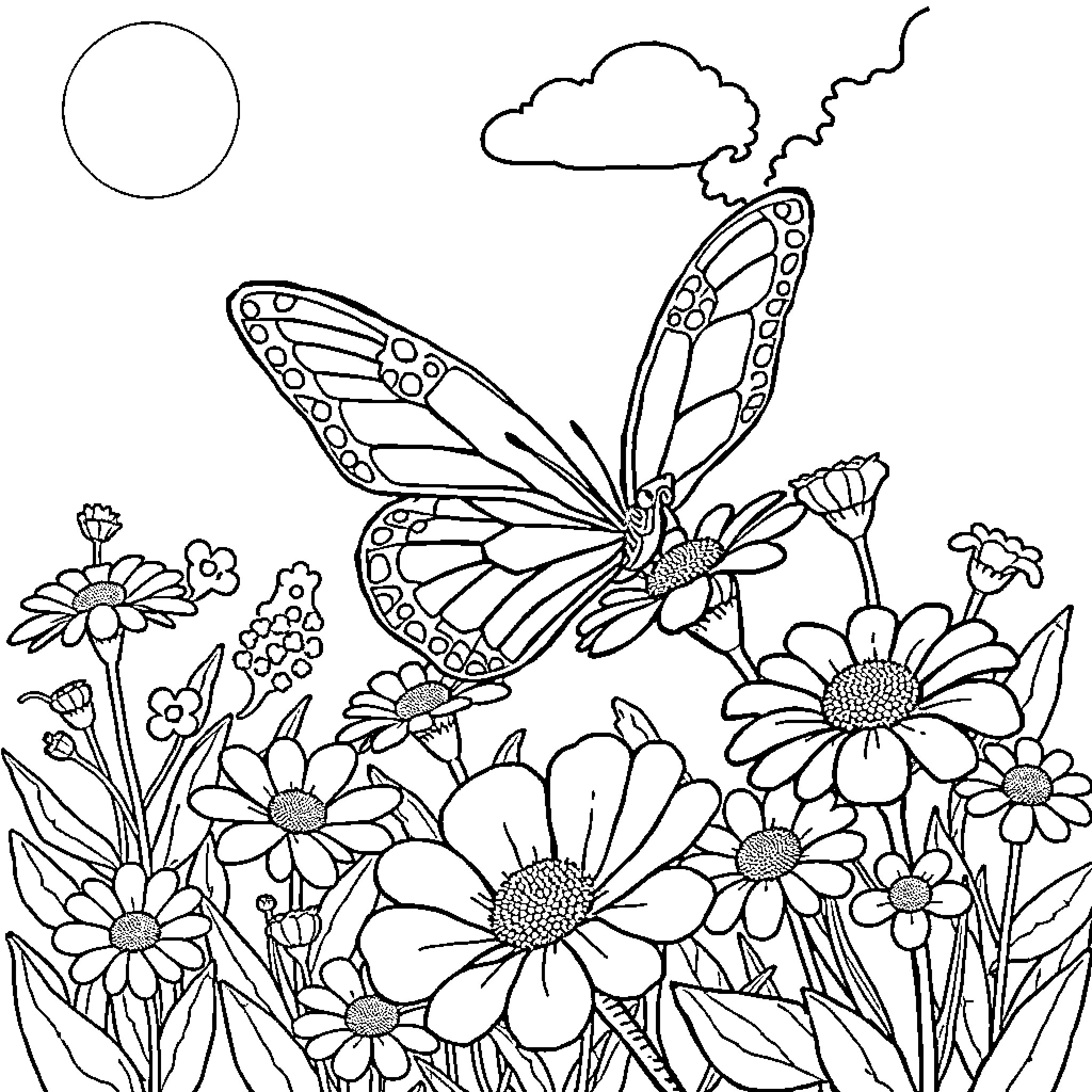 Butterfly dancing among vibrant flowers Coloring Page (free black-and-white line drawing printable PDF for all, from beginners to advanced learners, including children, teens, adults, and seniors)