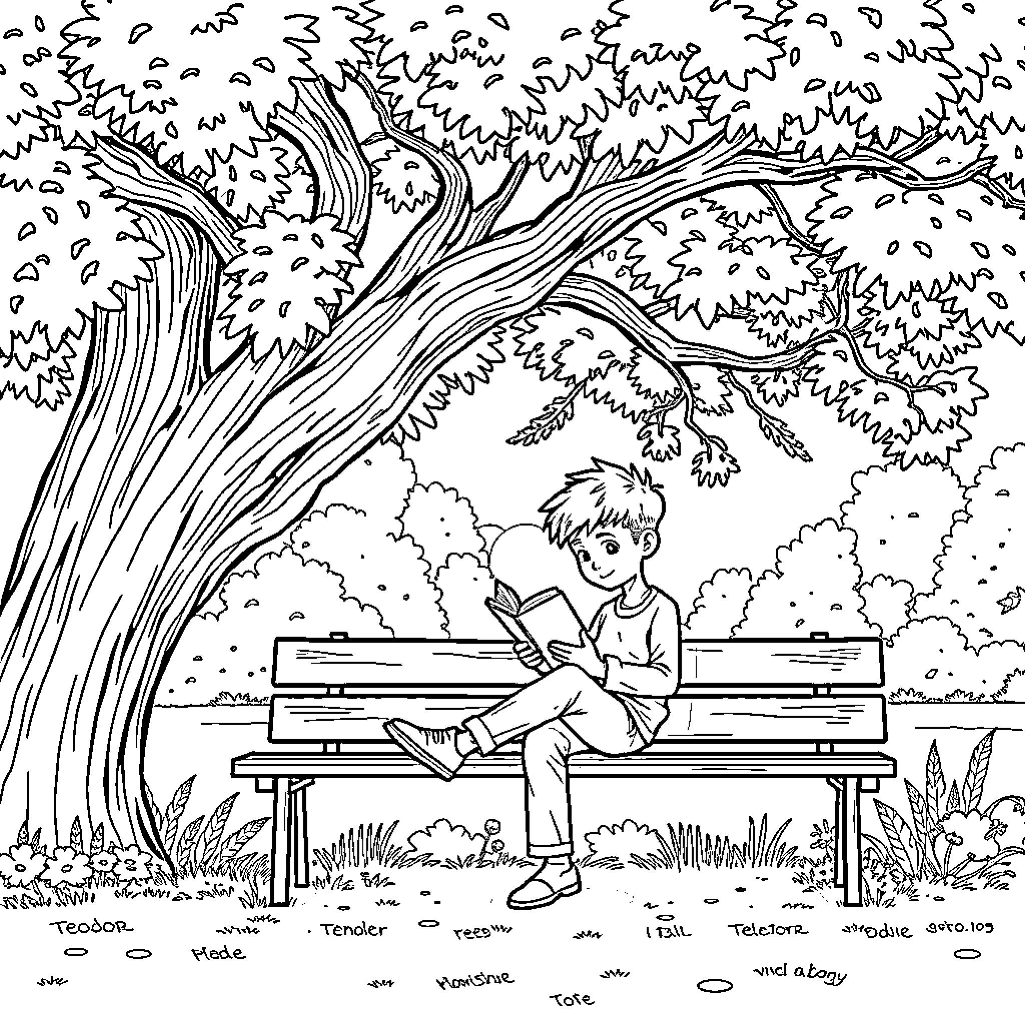 Teodor enjoying a peaceful day reading on a bench Coloring Page (free black-and-white line drawing printable PDF for all, from beginners to advanced learners, including children, teens, adults, and seniors)