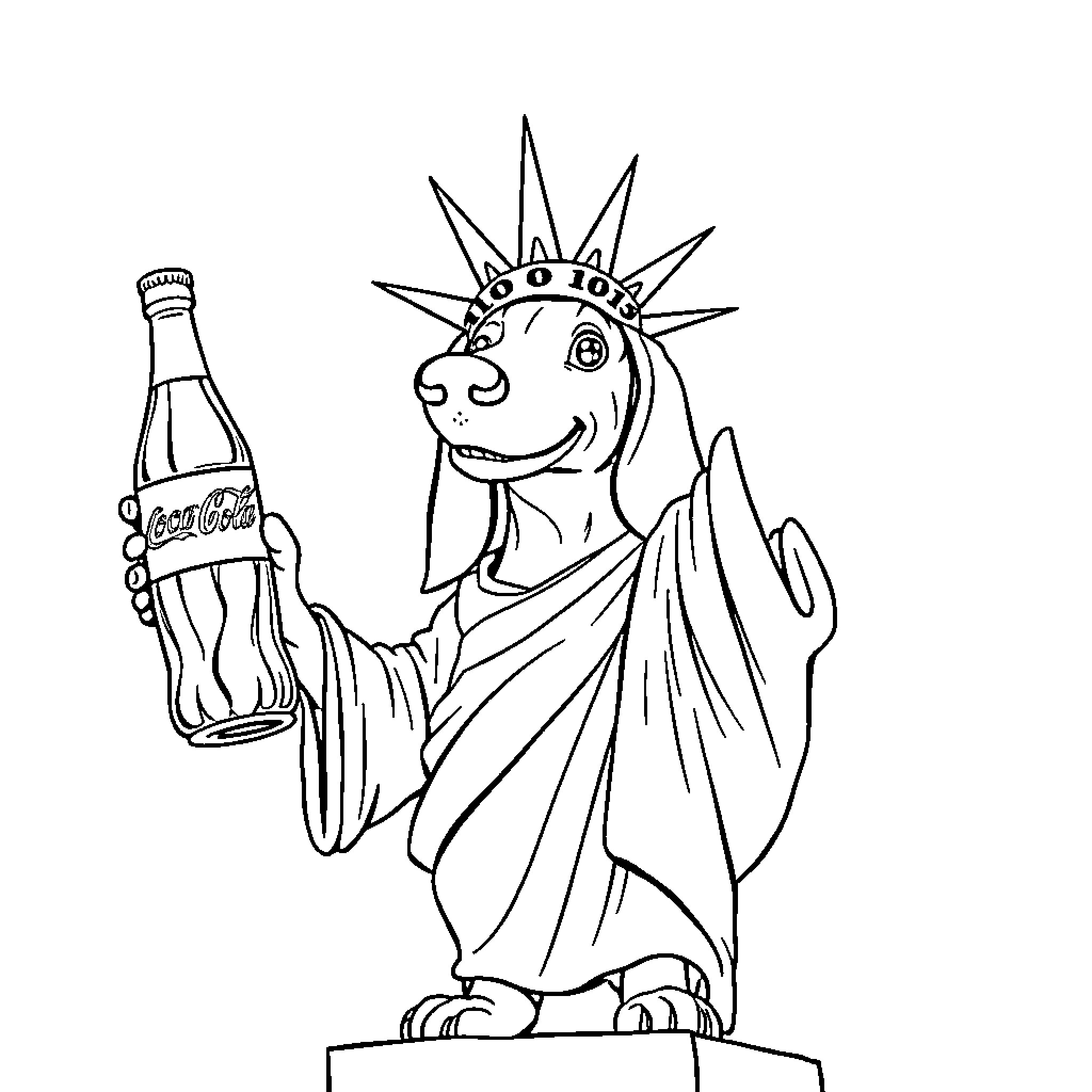 Wiener Dog Holding Soda Bottle in Front of Lady Liberty Coloring Page (free black-and-white line drawing printable PDF for all, from beginners to advanced learners, including children, teens, adults, and seniors)