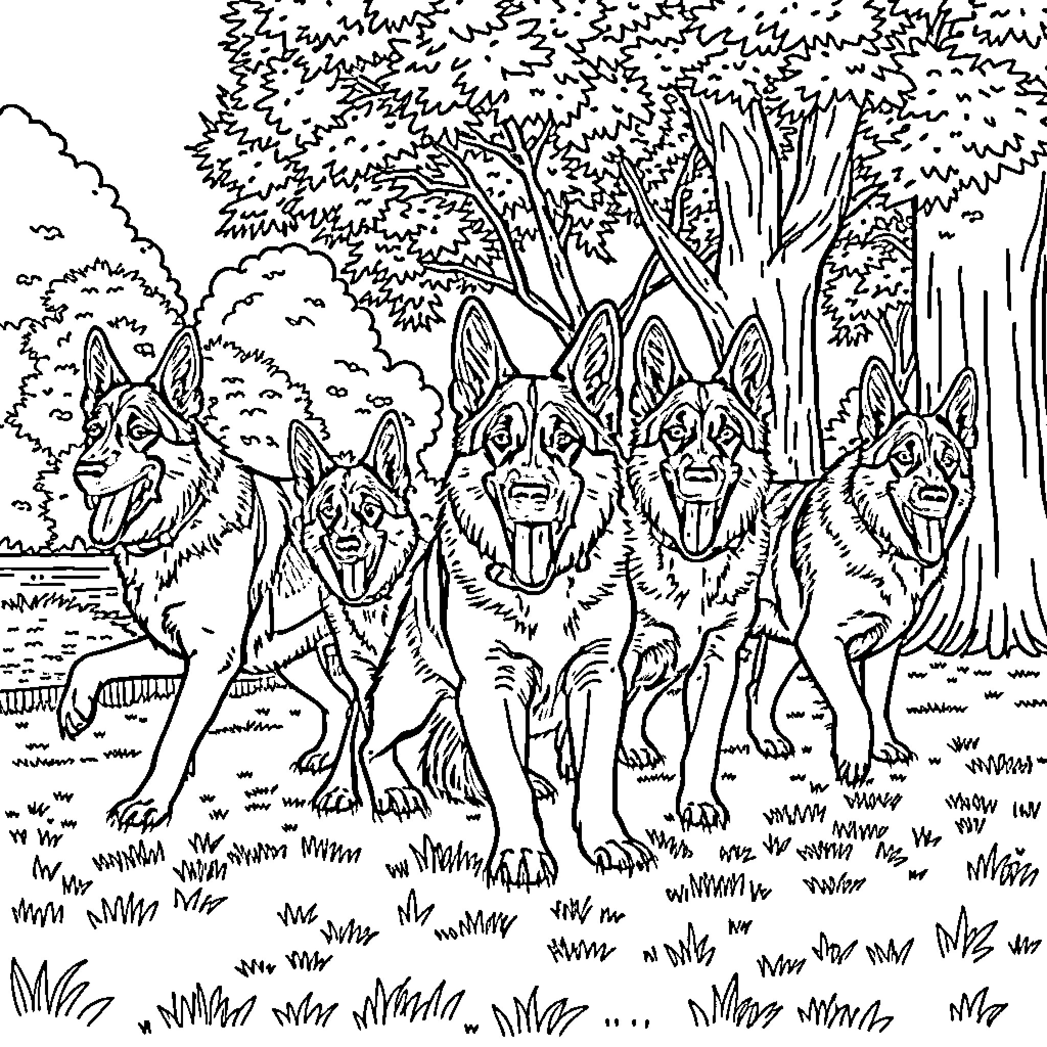 German Shepherd pack exploring forest landscape Coloring Page (free black-and-white line drawing printable PDF for all, from beginners to advanced learners, including children, teens, adults, and seniors)