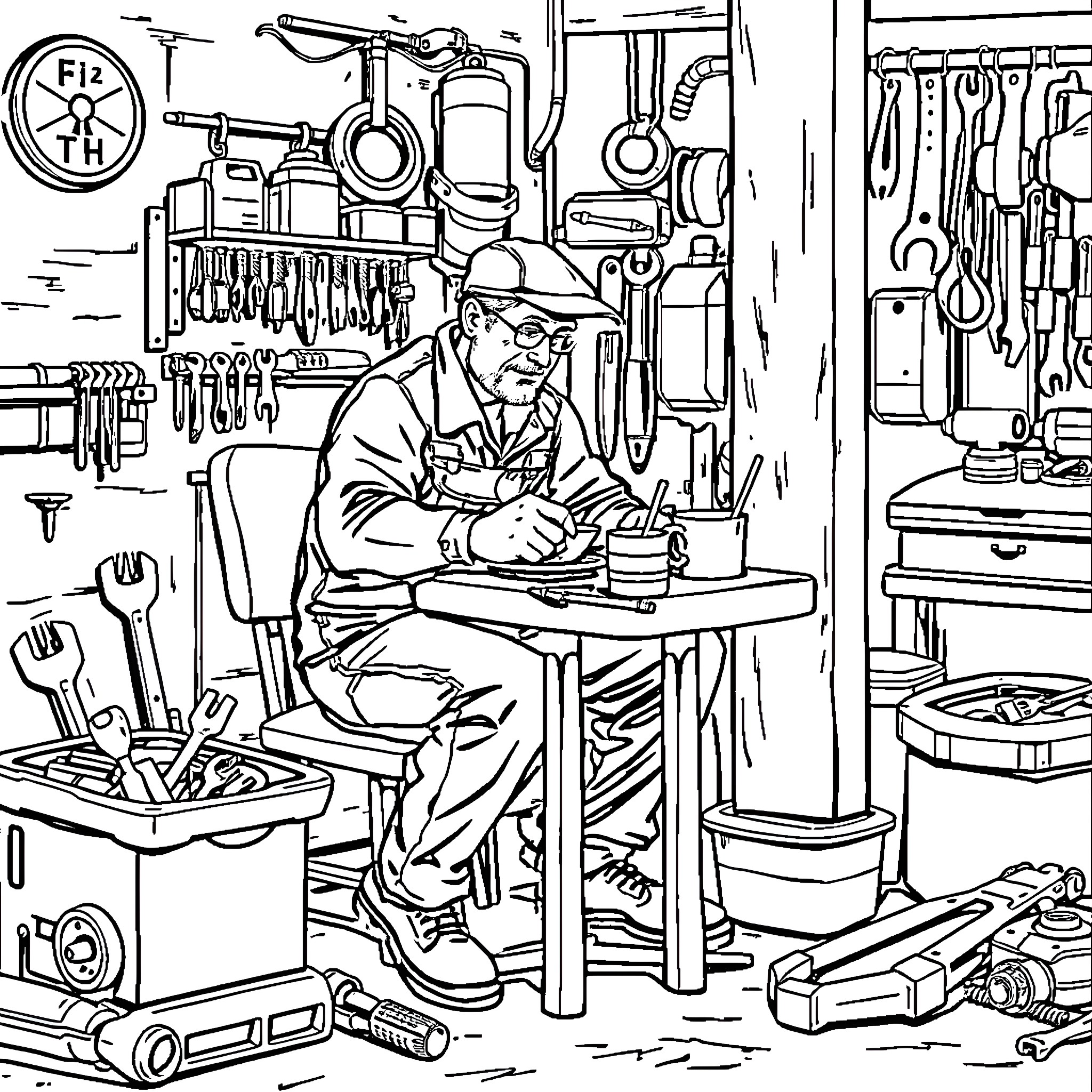 Mechanic at Work in a Cluttered Auto Repair Shop Coloring Page (free black-and-white line drawing printable PDF for all, from beginners to advanced learners, including children, teens, adults, and seniors)