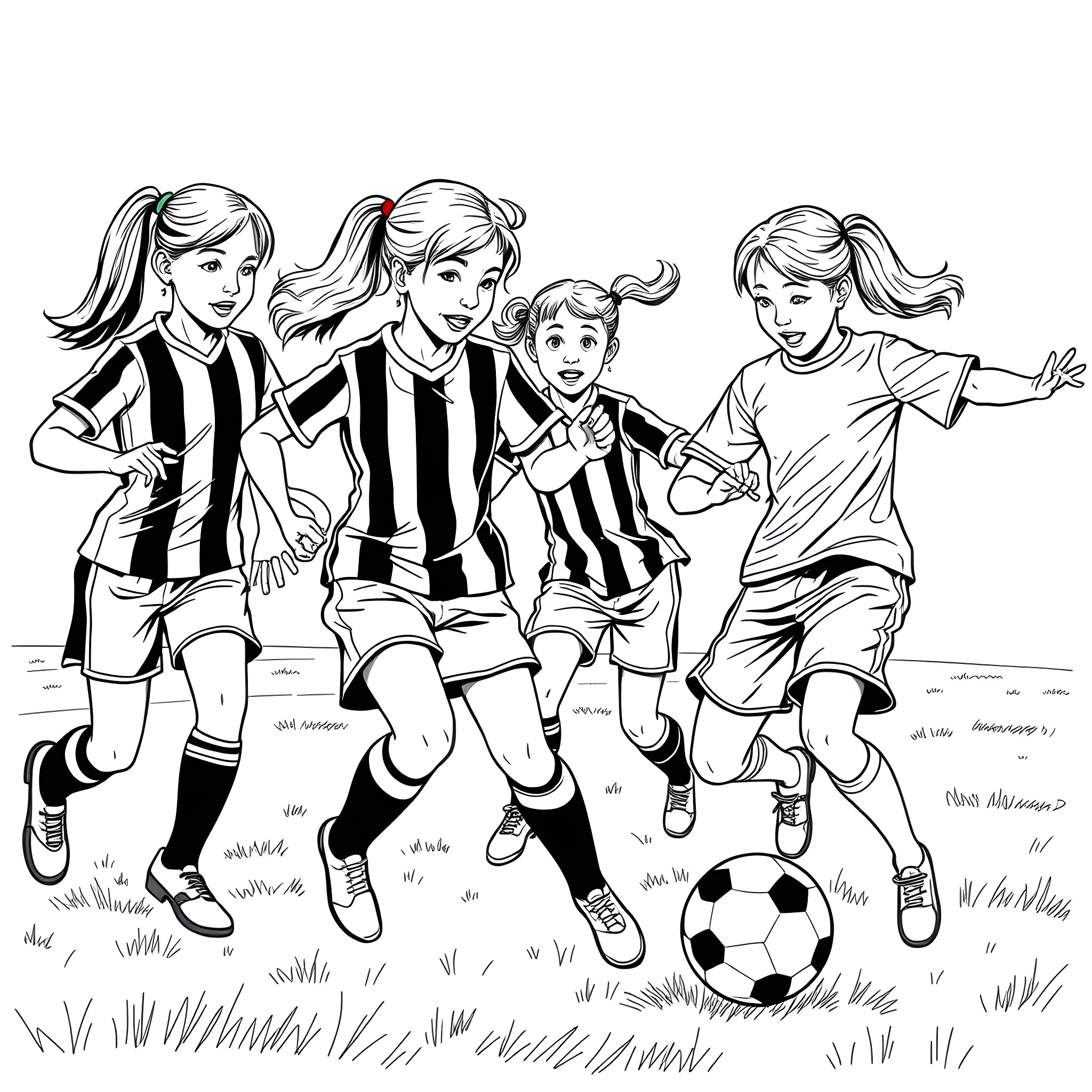 Soccer Players Competing in an Intense Match Coloring Page (free black-and-white line drawing printable PDF for all, from beginners to advanced learners, including children, teens, adults, and seniors)