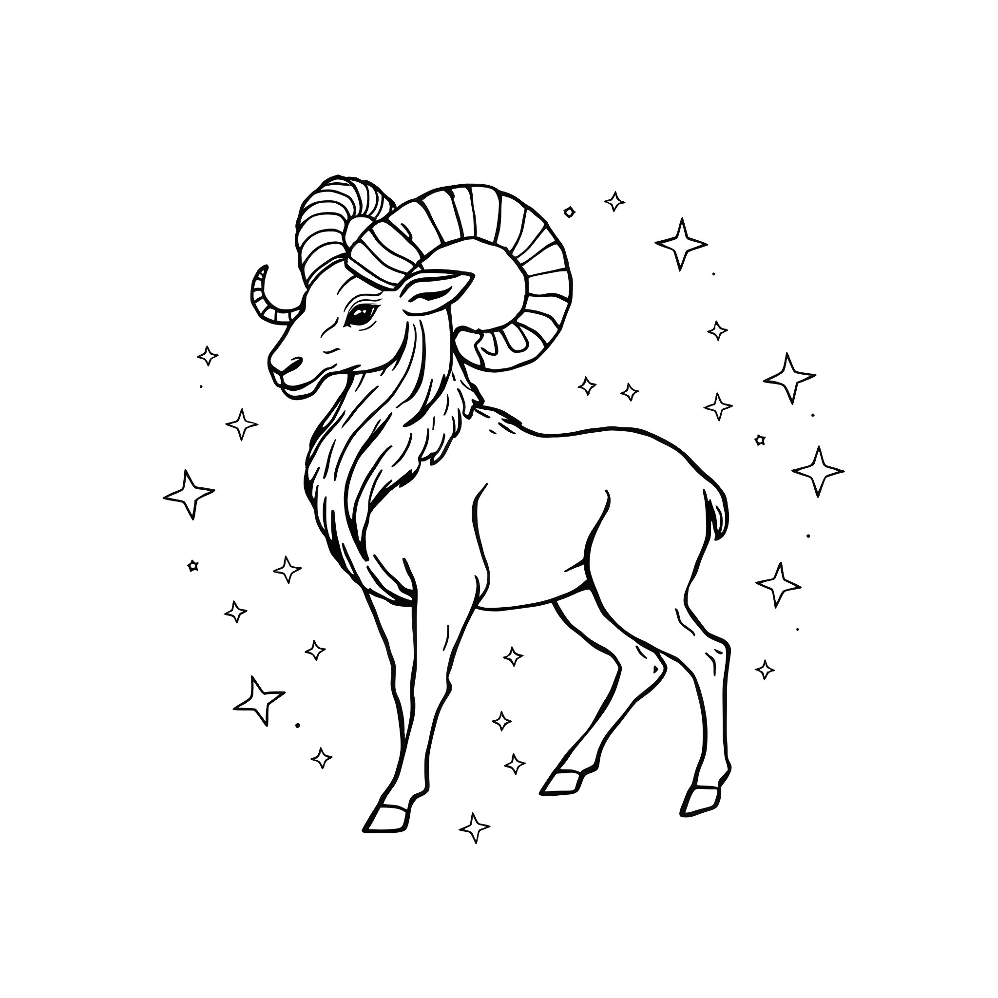 Aries the ram standing amidst twinkling stars Coloring Page (free black-and-white line drawing printable PDF for all, from beginners to advanced learners, including children, teens, adults, and seniors)