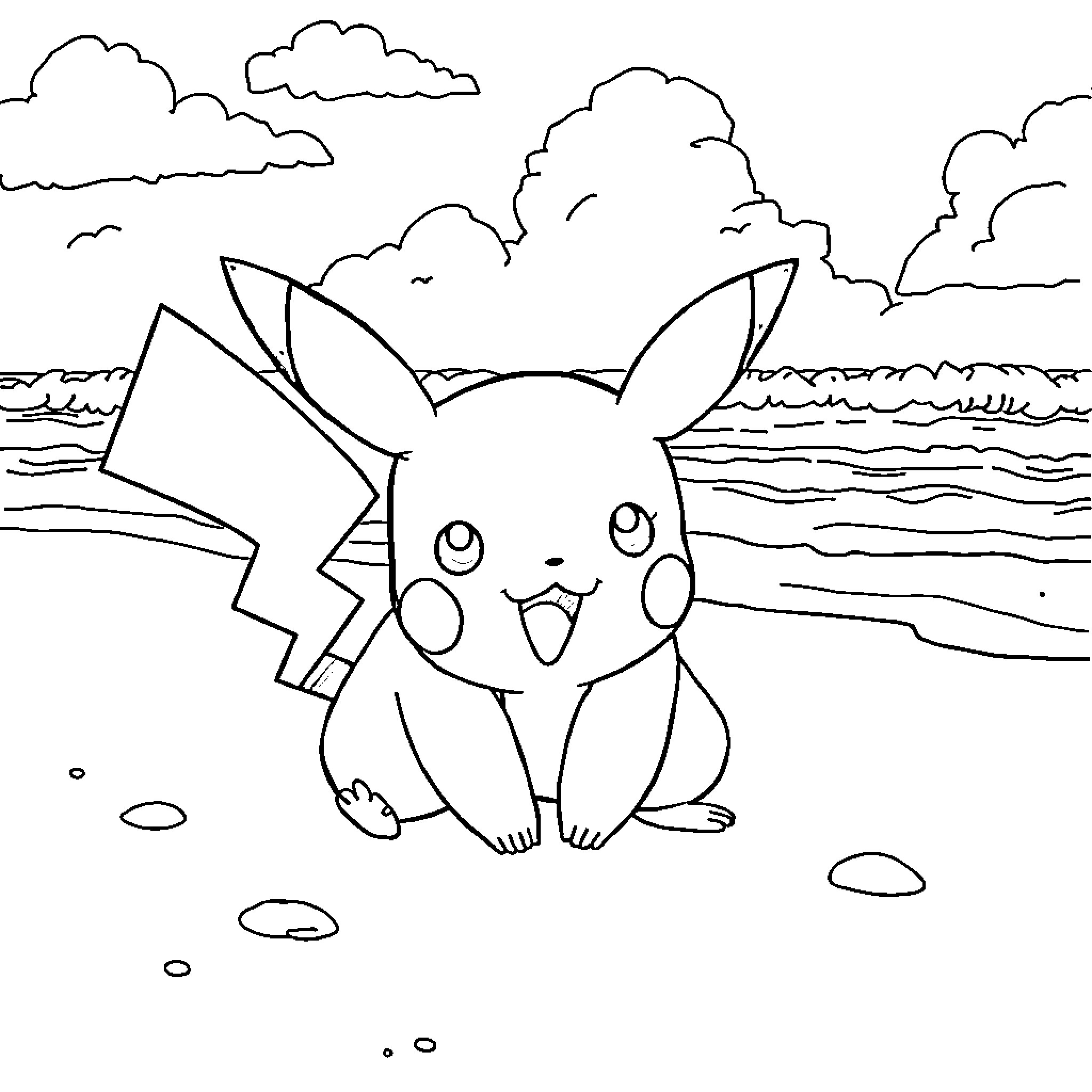 Pikachu enjoying the beach scenery Coloring Page (free black-and-white line drawing printable PDF for all, from beginners to advanced learners, including children, teens, adults, and seniors)
