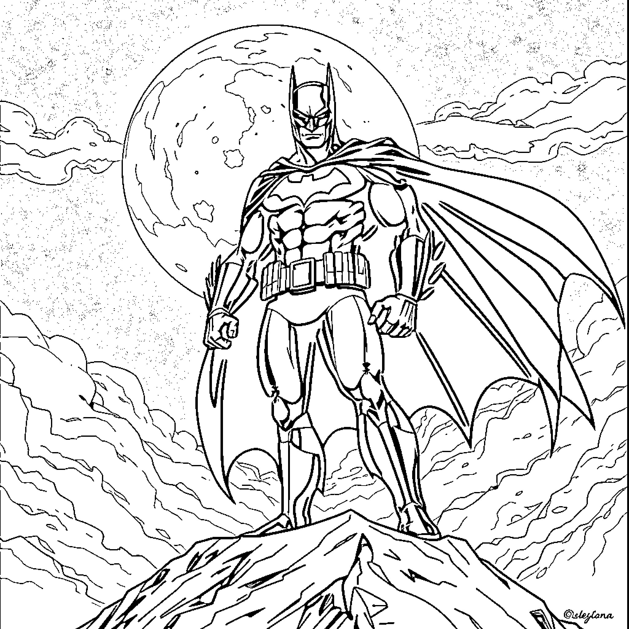 Batman standing tall against a moonlit backdrop Coloring Page (free black-and-white line drawing printable PDF for all, from beginners to advanced learners, including children, teens, adults, and seniors)
