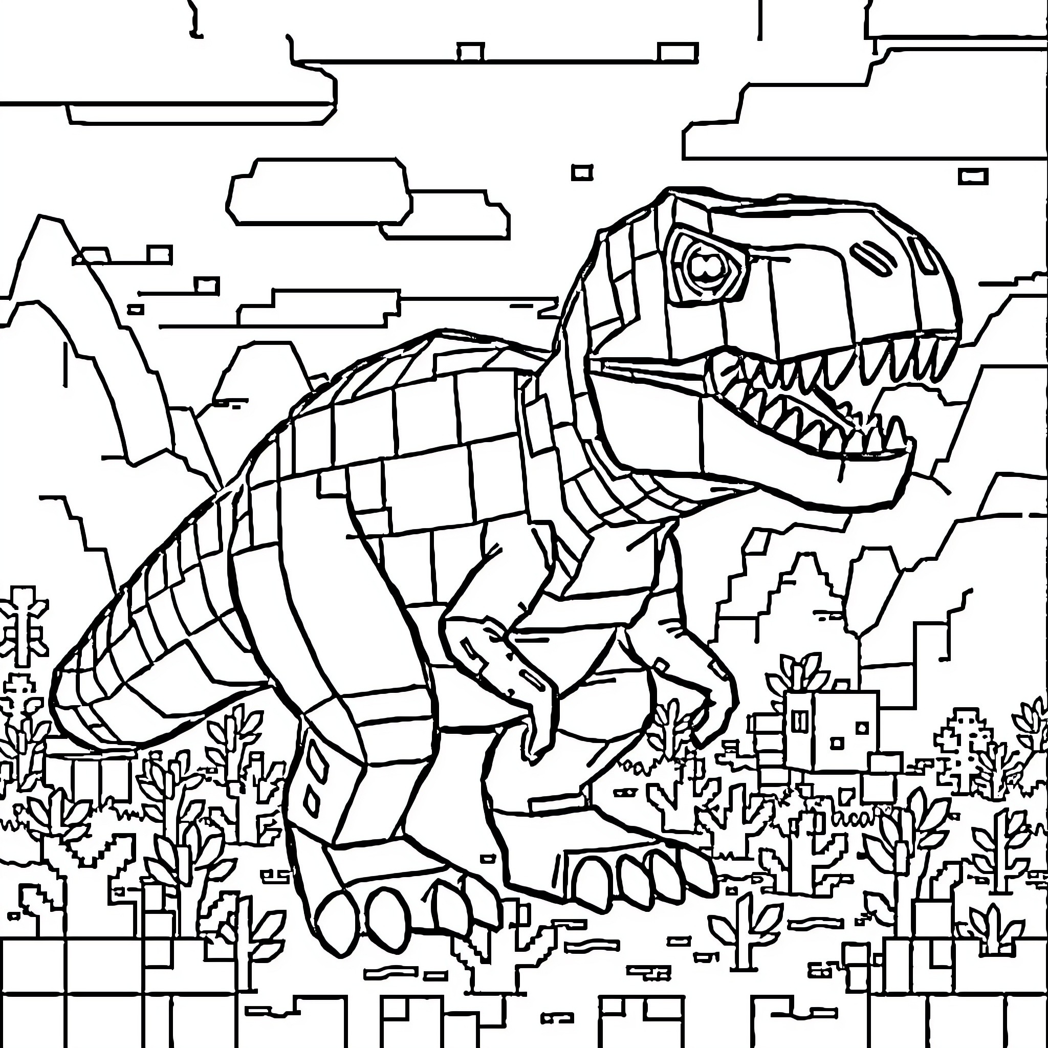 T-Rex stomping through a ruined city Coloring Page (free black-and-white line drawing printable PDF for all, from beginners to advanced learners, including children, teens, adults, and seniors)