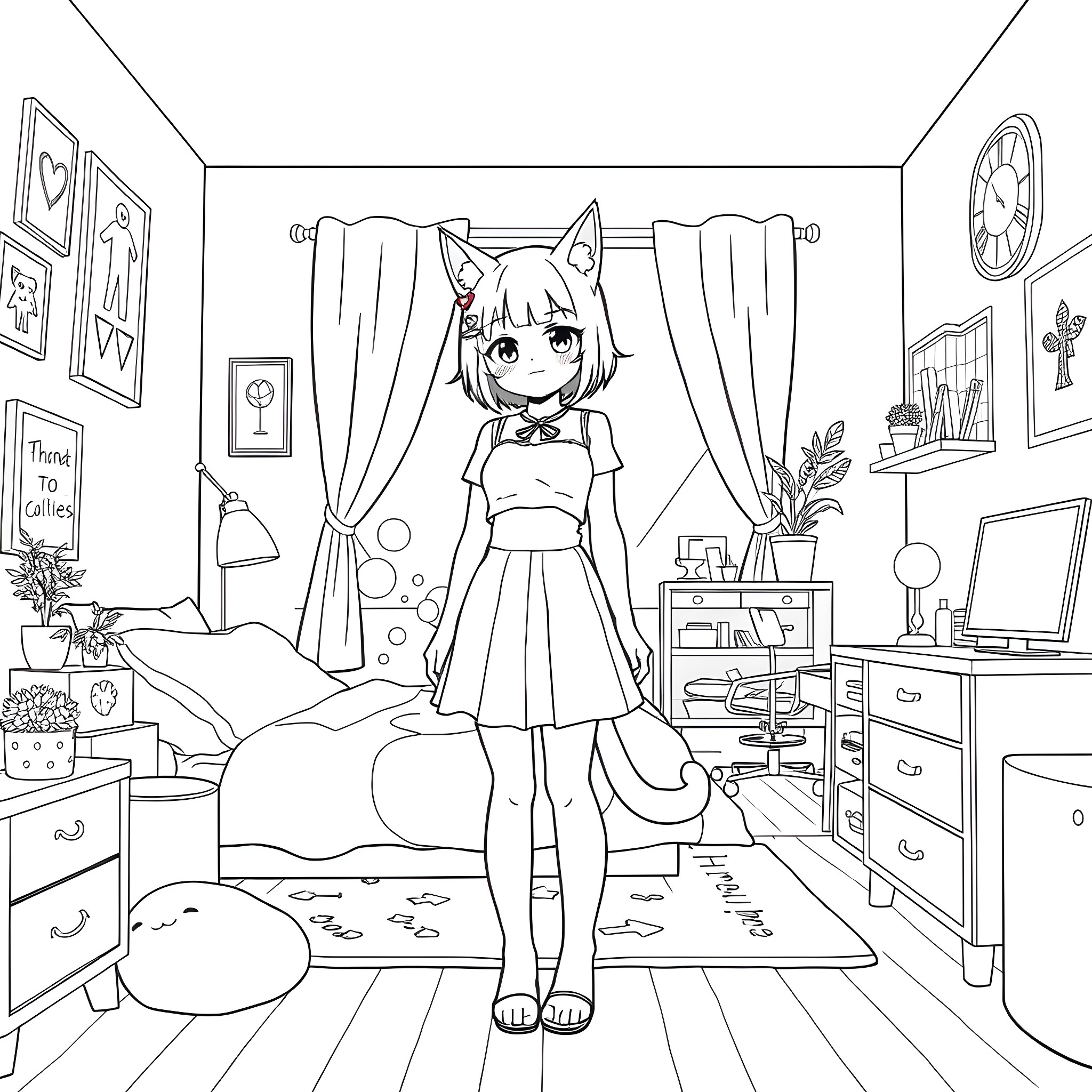 Cat Girl in Cozy Bedroom Setting Coloring Page (free black-and-white line drawing printable PDF for all, from beginners to advanced learners, including children, teens, adults, and seniors)
