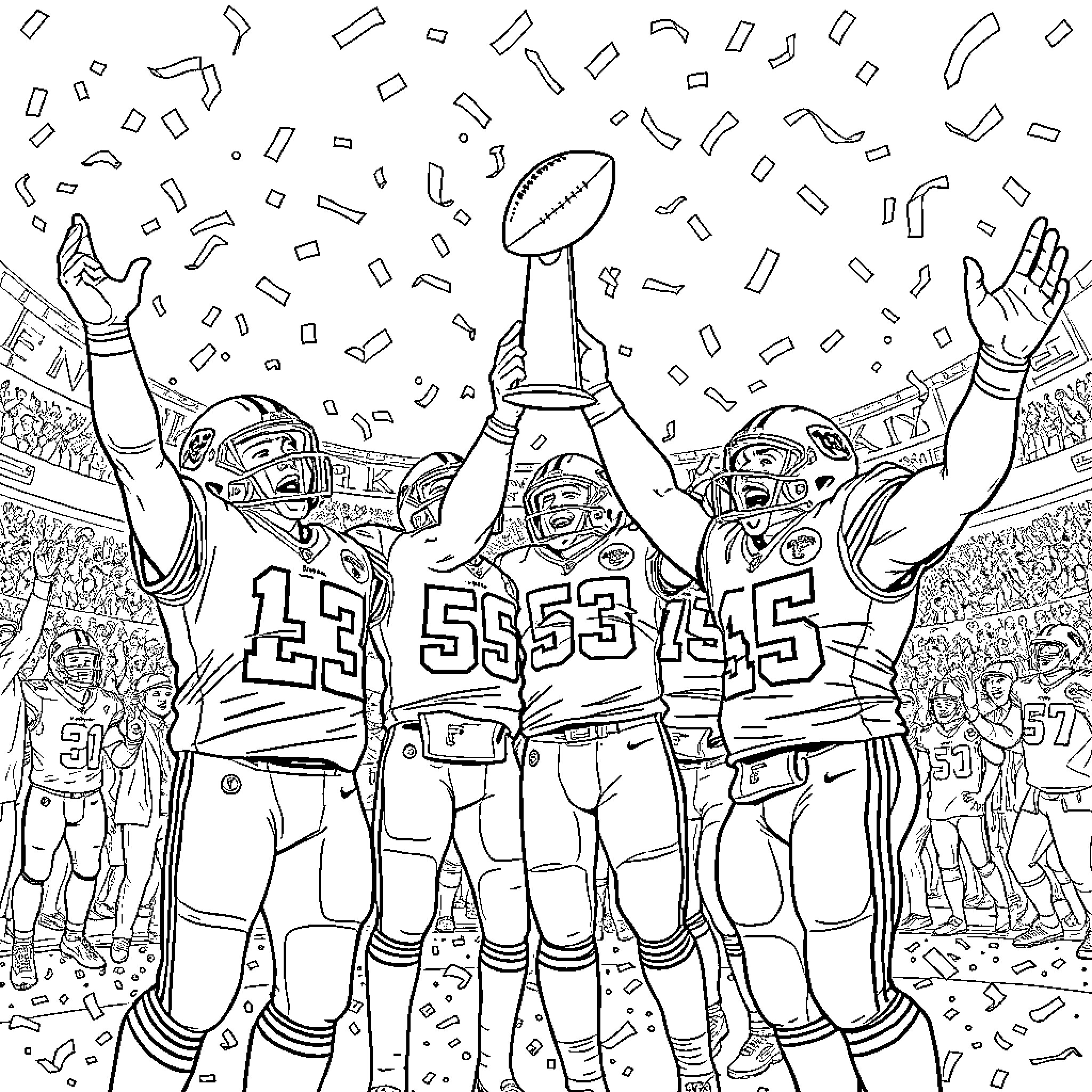 Kansas City Chiefs celebrating Super Bowl victory Coloring Page (free black-and-white line drawing printable PDF for all, from beginners to advanced learners, including children, teens, adults, and seniors)
