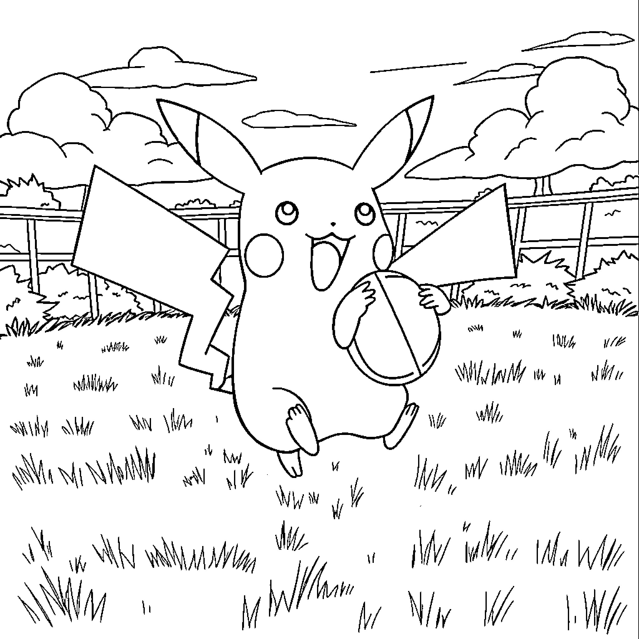 Pikachu running joyfully while holding a pokeball Coloring Page (free black-and-white line drawing printable PDF for all, from beginners to advanced learners, including children, teens, adults, and seniors)