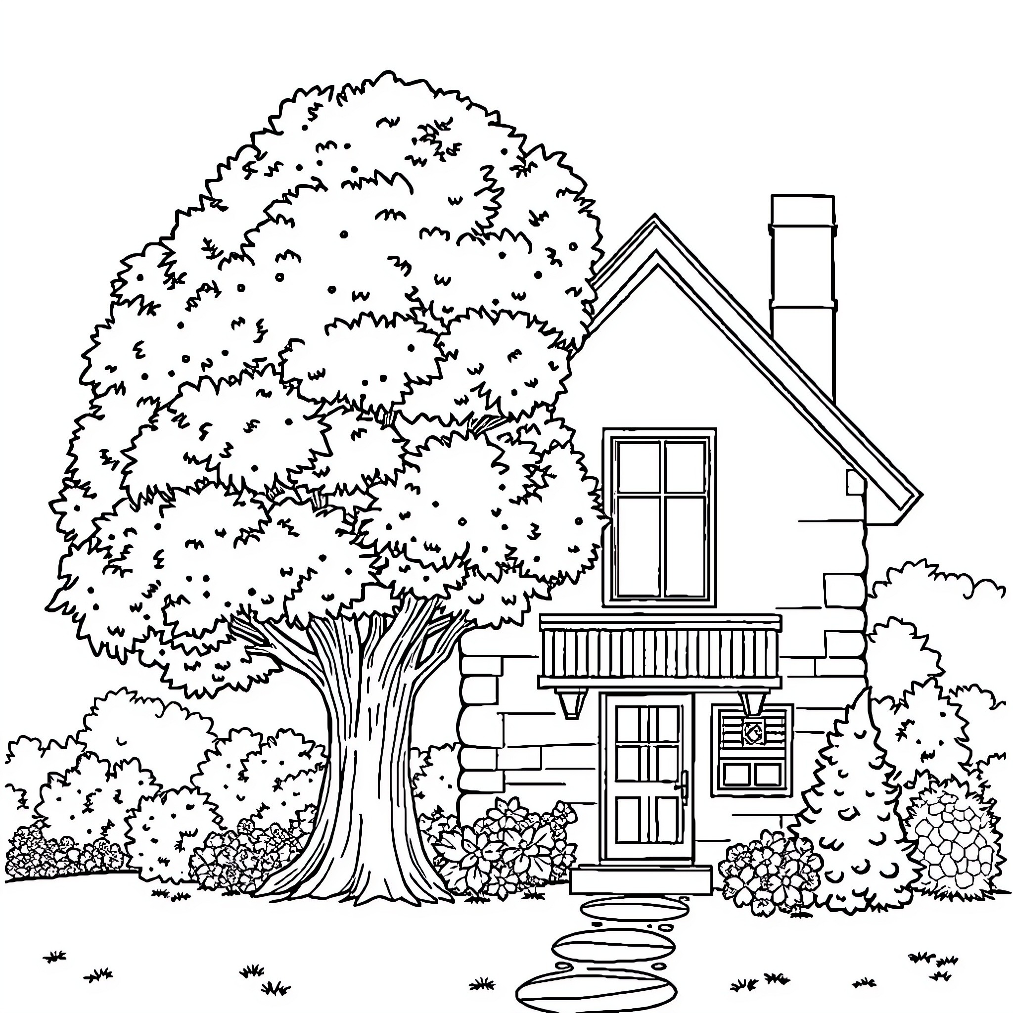 House with large tree in the yard Coloring Page (free black-and-white line drawing printable PDF for all, from beginners to advanced learners, including children, teens, adults, and seniors)