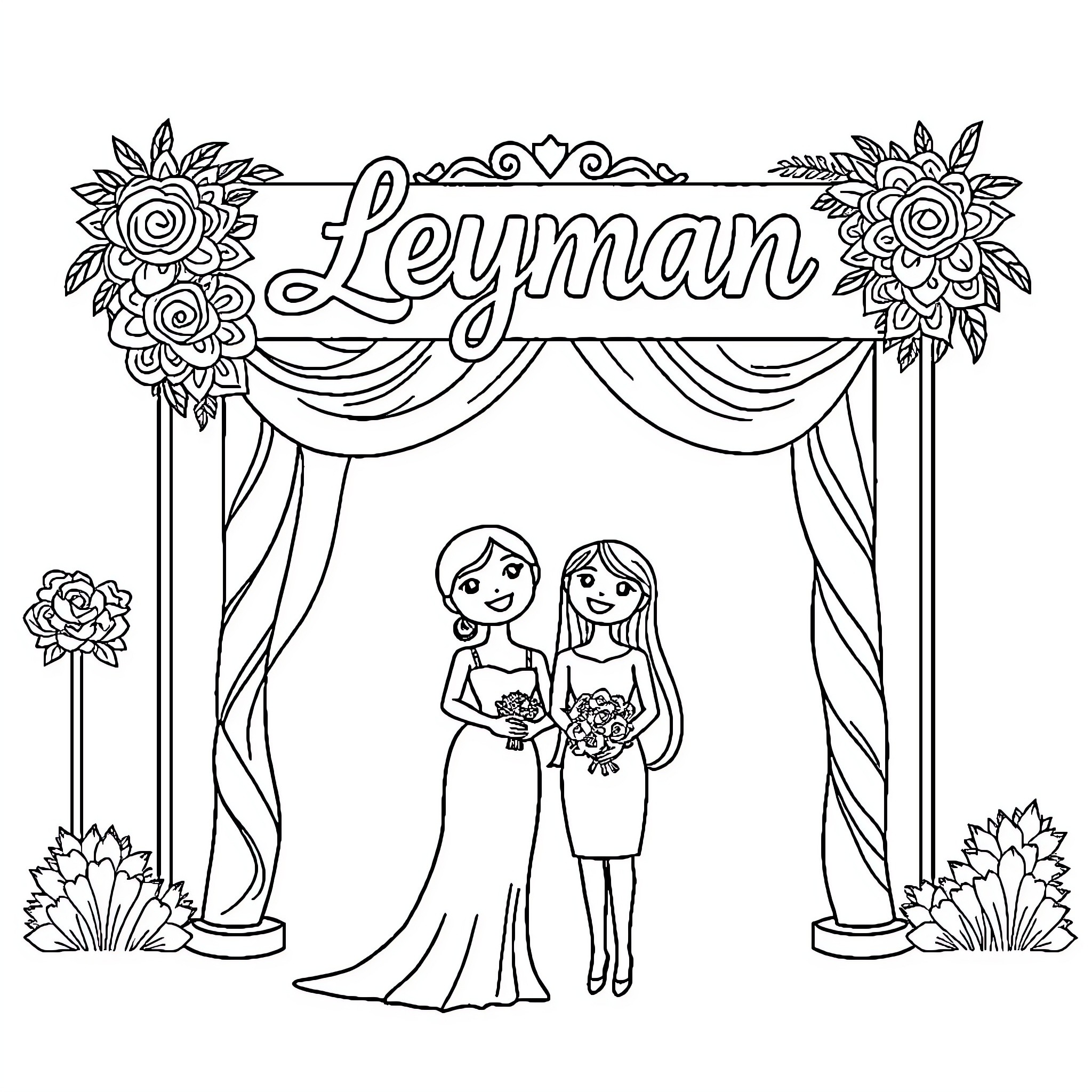 Wedding Couple Standing Under Ornate Floral Arch Coloring Page (free black-and-white line drawing printable PDF for all, from beginners to advanced learners, including children, teens, adults, and seniors)
