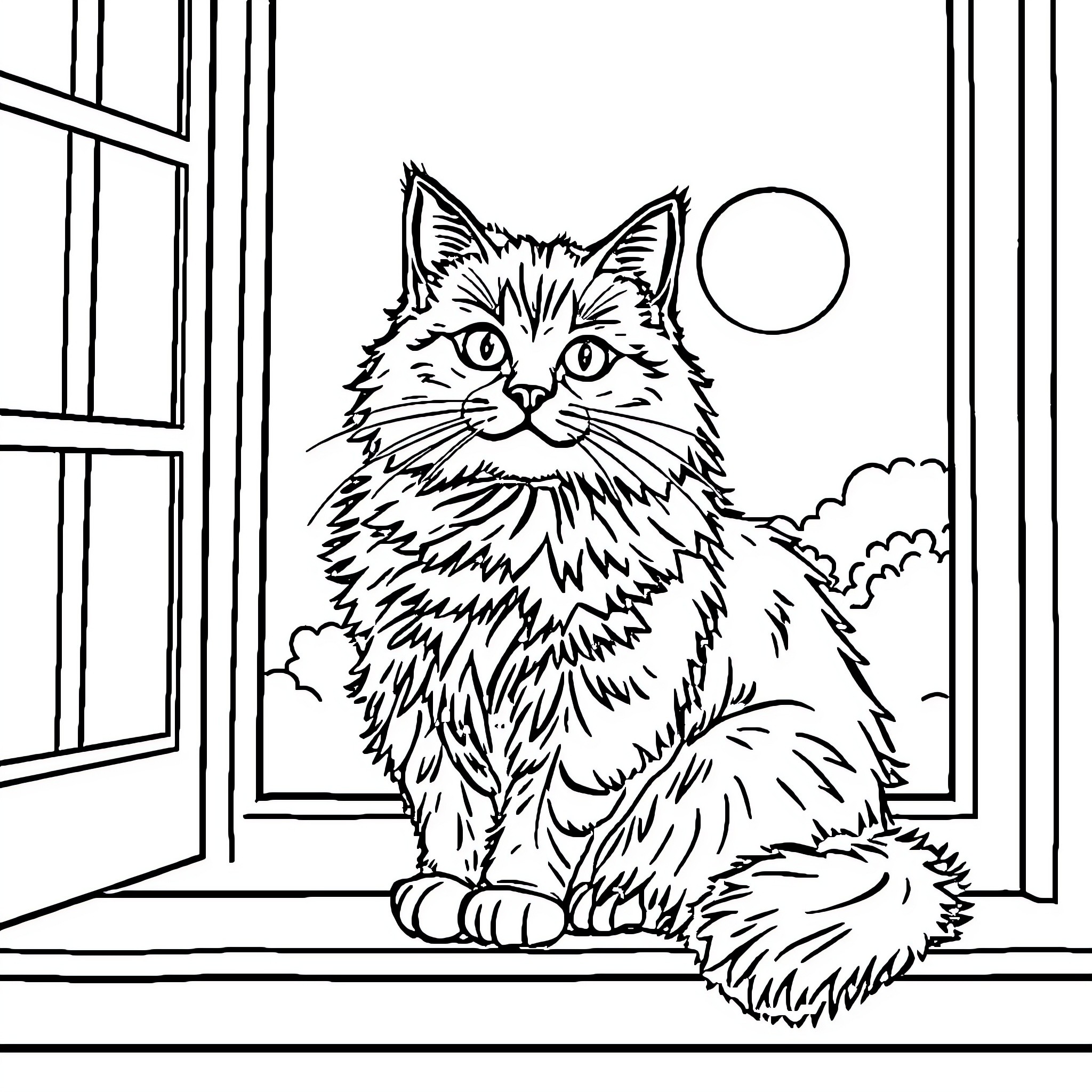 Cat gazing pensively through window Coloring Page (free black-and-white line drawing printable PDF for all, from beginners to advanced learners, including children, teens, adults, and seniors)