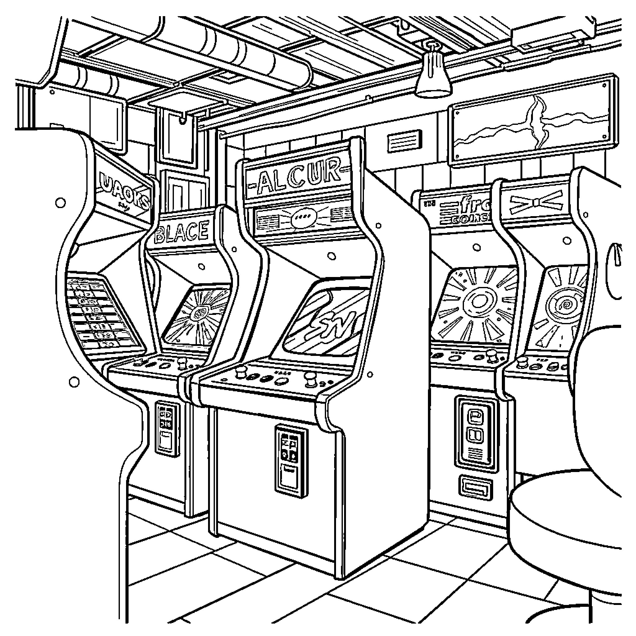 Arcade Cabinet Featuring Classic Game Machines Coloring Page (free black-and-white line drawing printable PDF for all, from beginners to advanced learners, including children, teens, adults, and seniors)