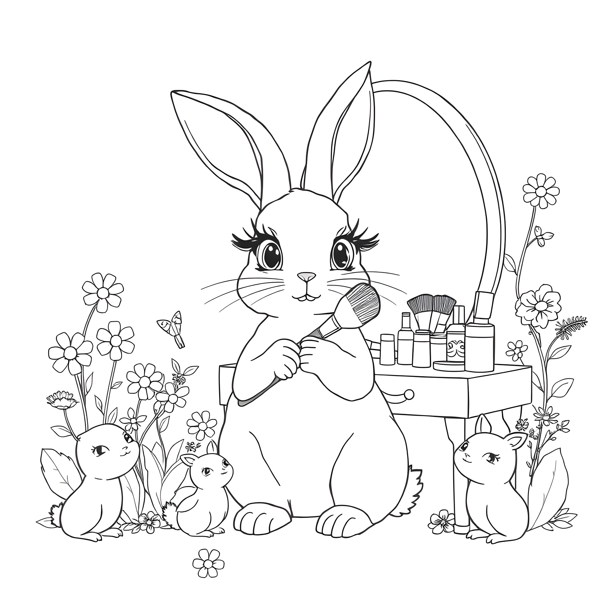 Rabbit and family enjoying a picnic in the garden Coloring Page (free black-and-white line drawing printable PDF for all, from beginners to advanced learners, including children, teens, adults, and seniors)