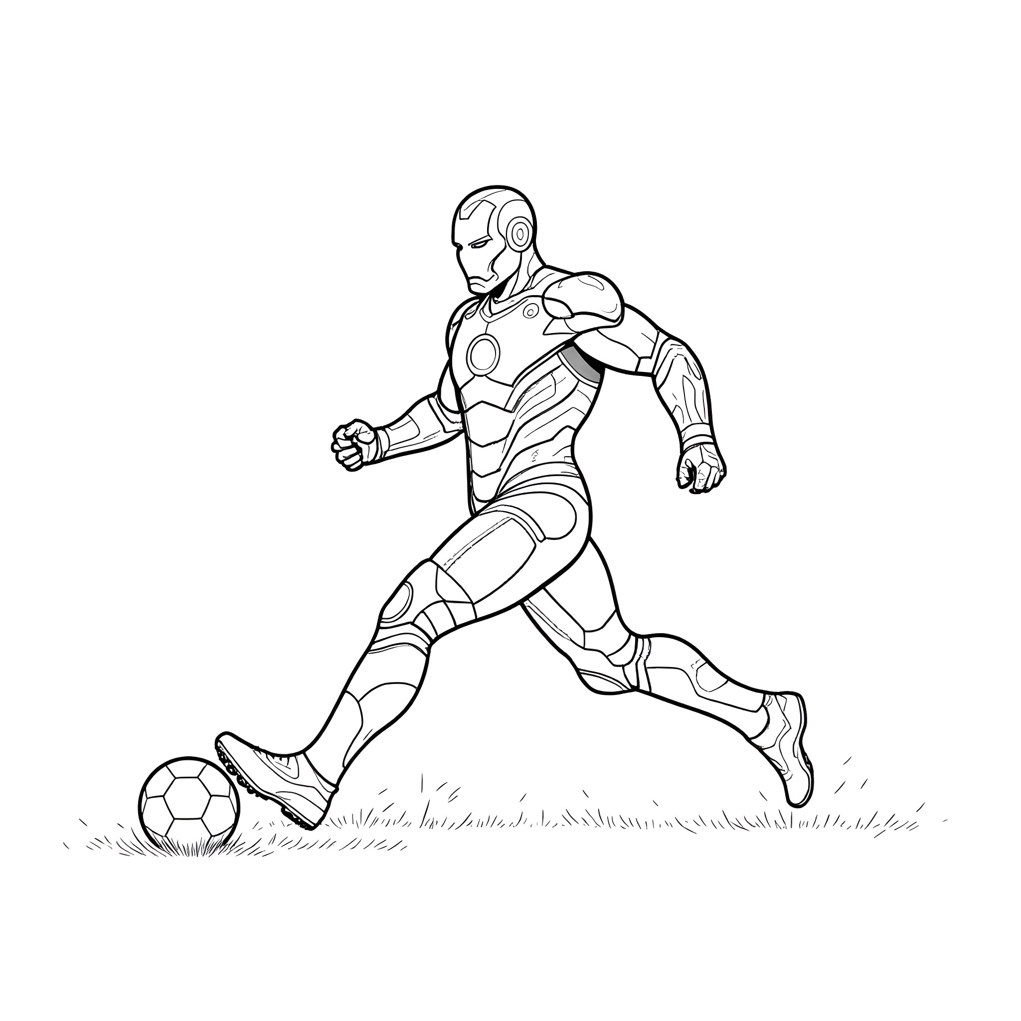 Iron Man playing soccer in a field Coloring Page (free black-and-white line drawing printable PDF for all, from beginners to advanced learners, including children, teens, adults, and seniors)