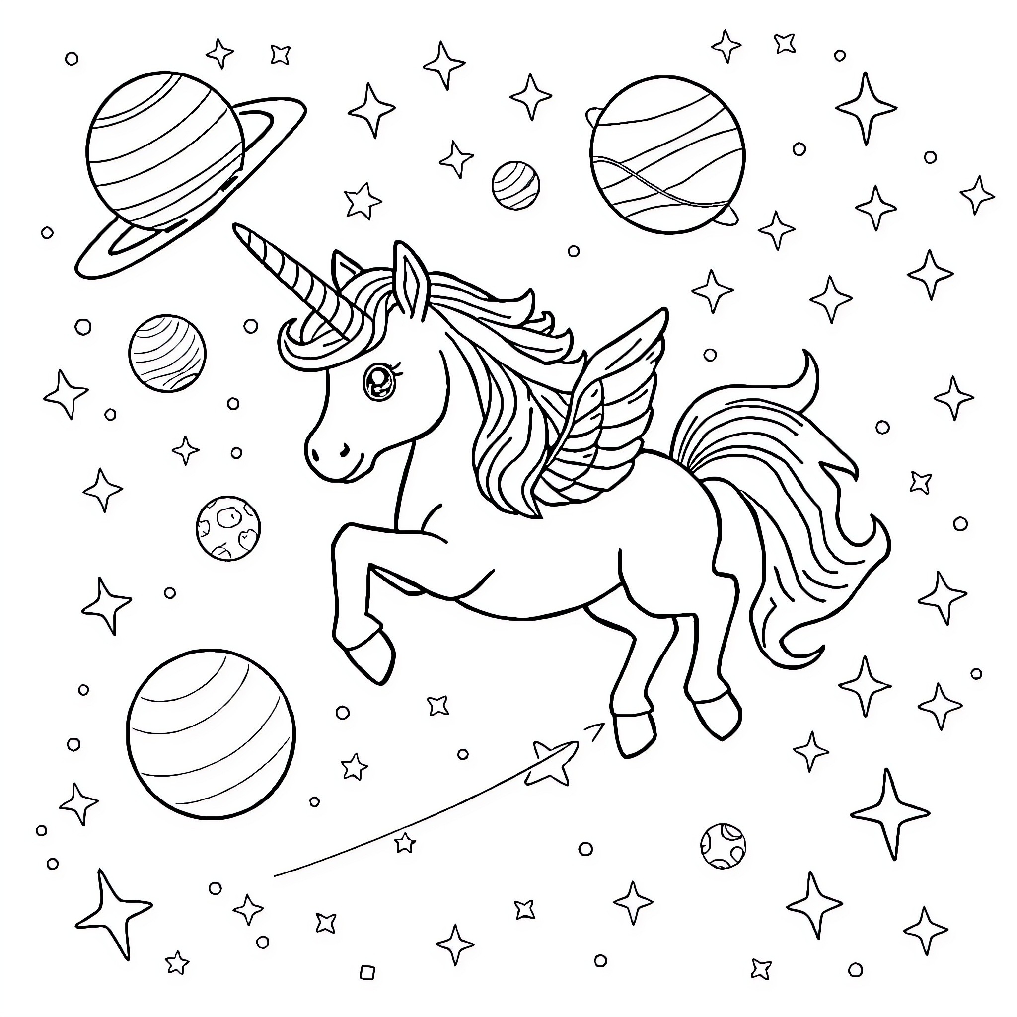 Unicorn flying amidst stars and planets Coloring Page (free black-and-white line drawing printable PDF for all, from beginners to advanced learners, including children, teens, adults, and seniors)