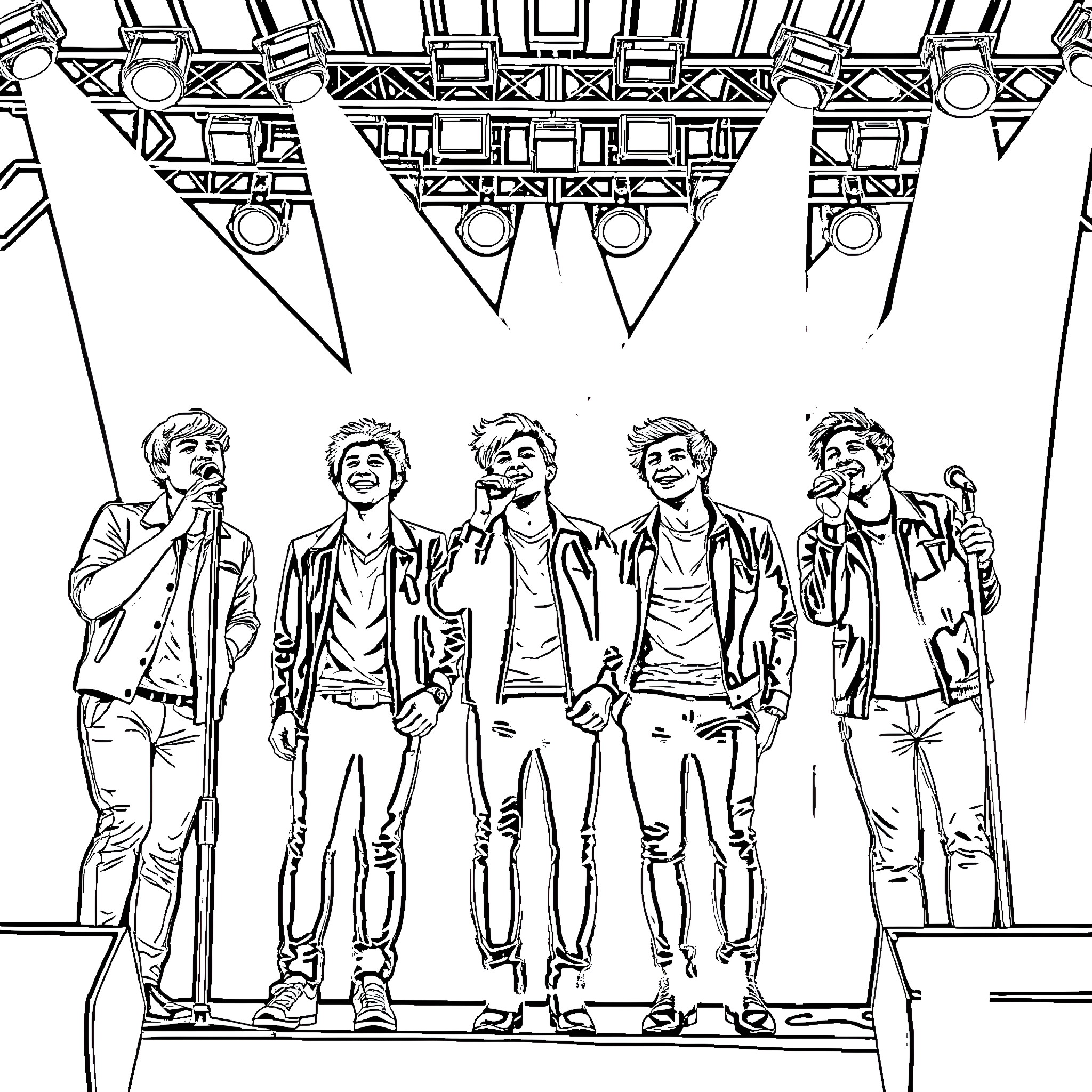 One Direction Performing on Stage with Enthusiasm Coloring Page (free black-and-white line drawing printable PDF for all, from beginners to advanced learners, including children, teens, adults, and seniors)