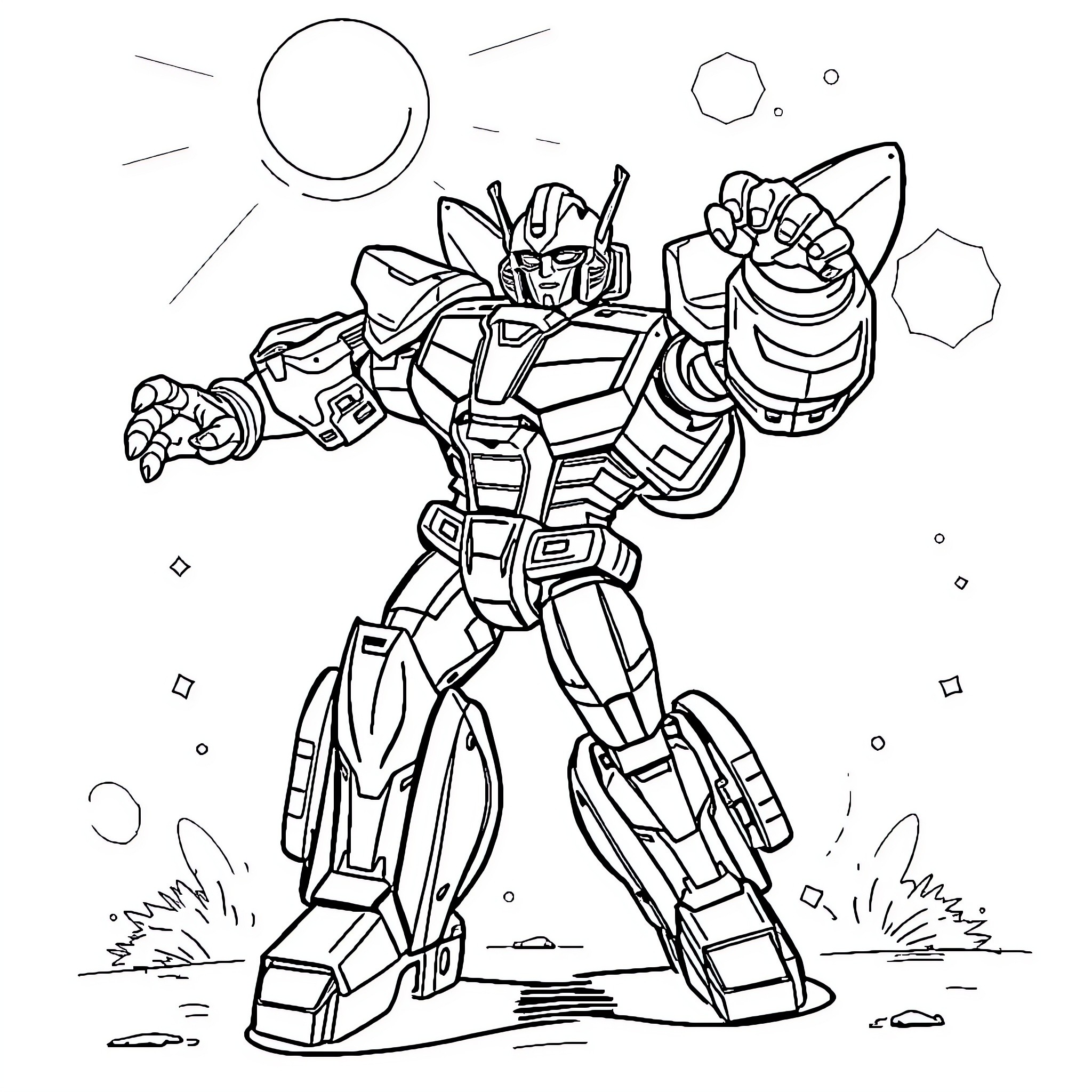 Transformer robot in heroic pose Coloring Page (free black-and-white line drawing printable PDF for all, from beginners to advanced learners, including children, teens, adults, and seniors)