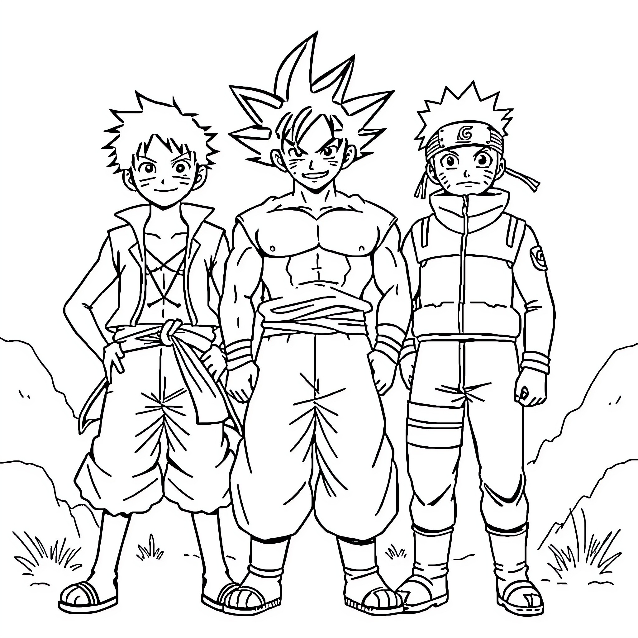 Luffy and his Ninja Companions on an Adventure Coloring Page (free black-and-white line drawing printable PDF for all, from beginners to advanced learners, including children, teens, adults, and seniors)
