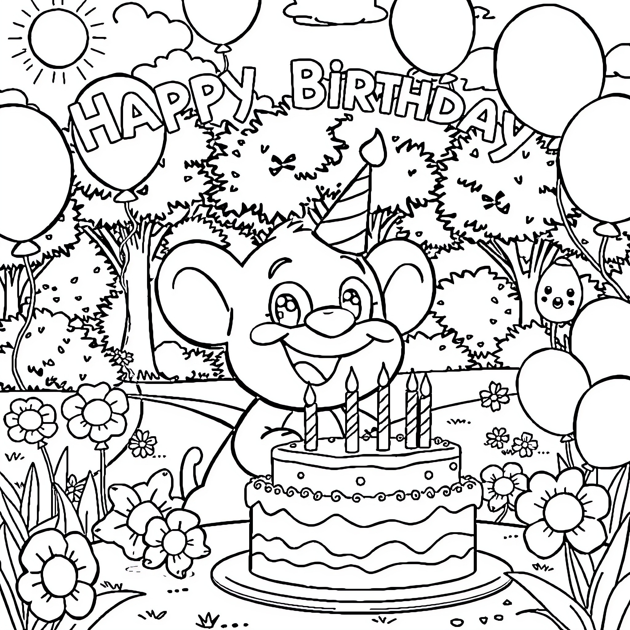 Bluey's Joyful Birthday Celebration Coloring Page (free black-and-white line drawing printable PDF for all, from beginners to advanced learners, including children, teens, adults, and seniors)