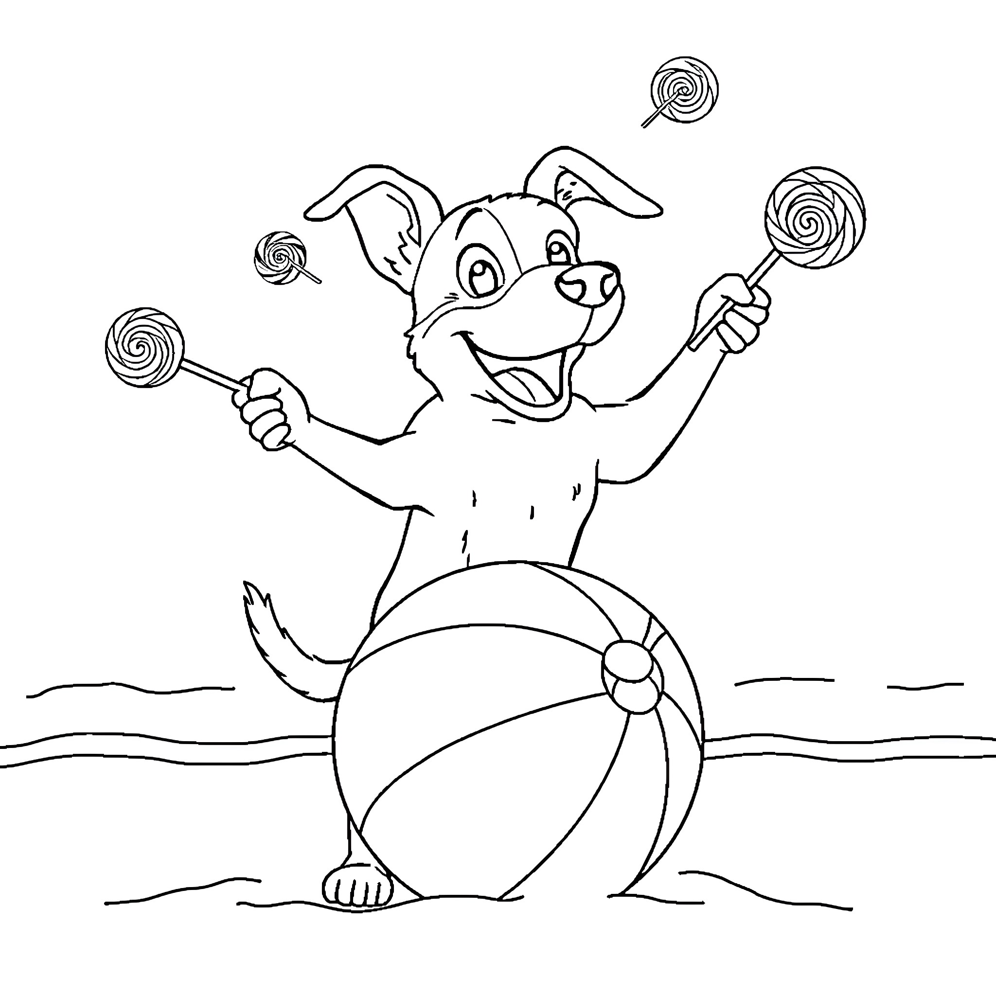 Dog Playing Joyfully with Lollipops on the Beach Coloring Page (free black-and-white line drawing printable PDF for all, from beginners to advanced learners, including children, teens, adults, and seniors)