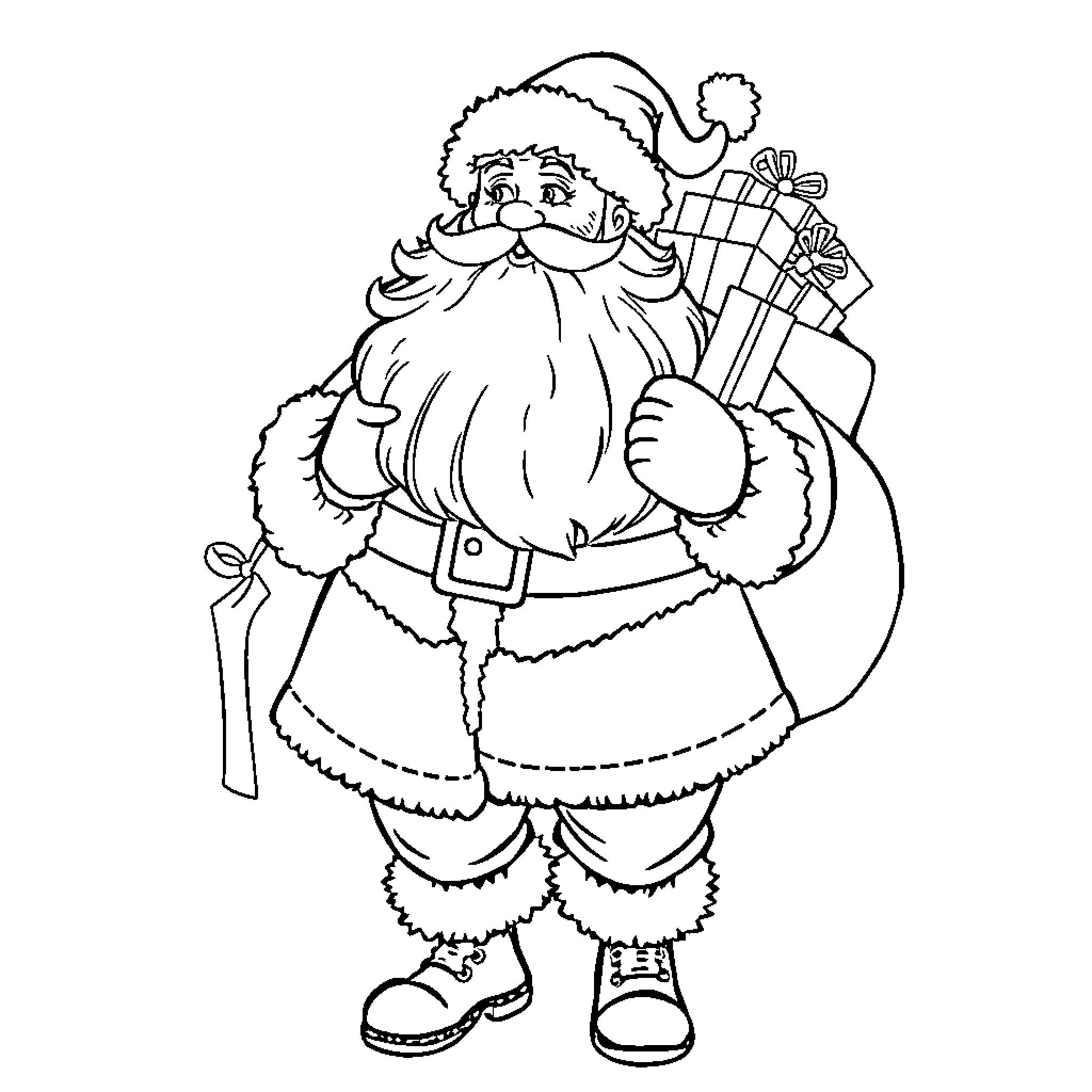 Santa Claus carrying gifts and sack Coloring Page (free black-and-white line drawing printable PDF for all, from beginners to advanced learners, including children, teens, adults, and seniors)