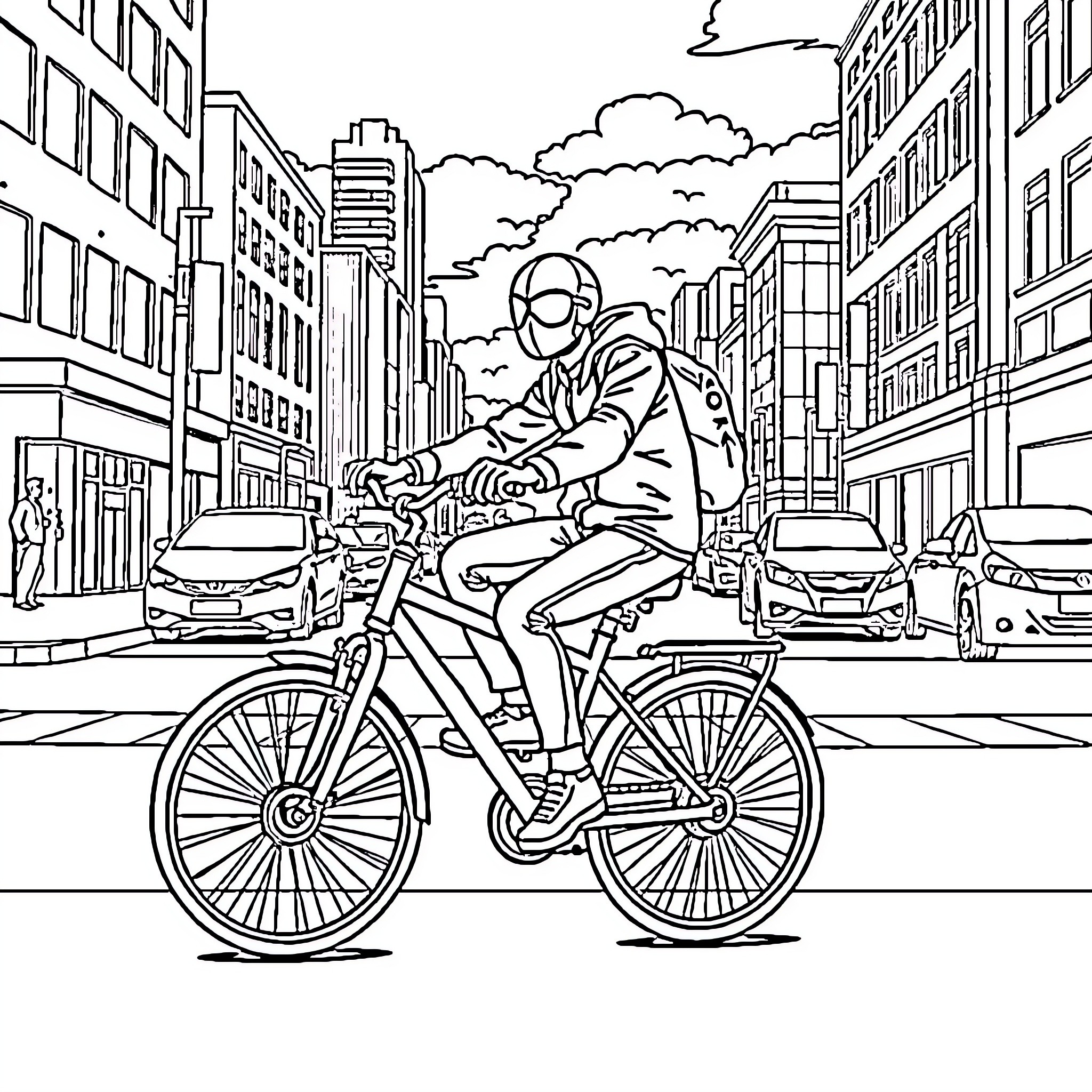 Spoderman rides bicycle through busy city streets Coloring Page (free black-and-white line drawing printable PDF for all, from beginners to advanced learners, including children, teens, adults, and seniors)