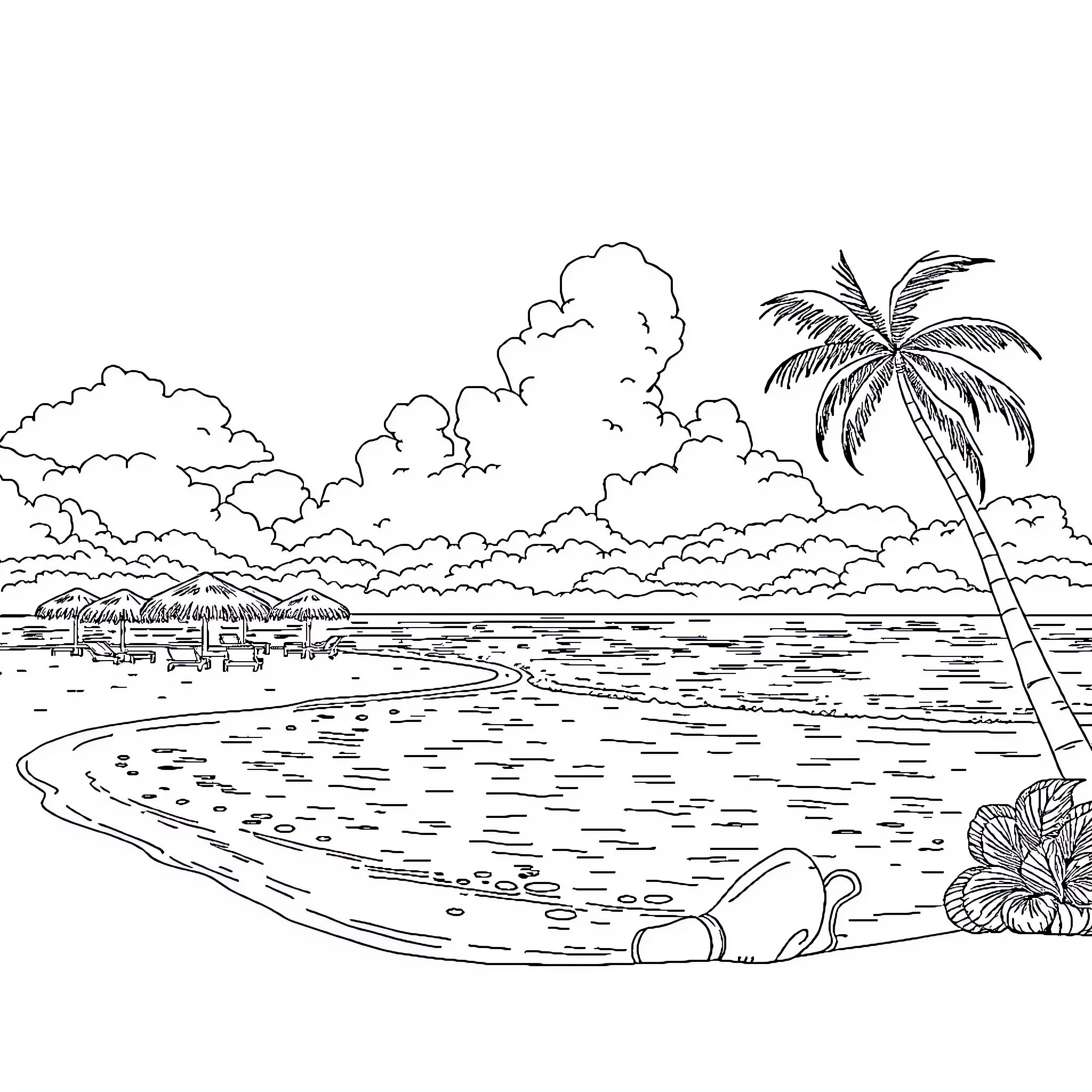 Beach with palm tree and cloudy sky Coloring Page (free black-and-white line drawing printable PDF for all, from beginners to advanced learners, including children, teens, adults, and seniors)