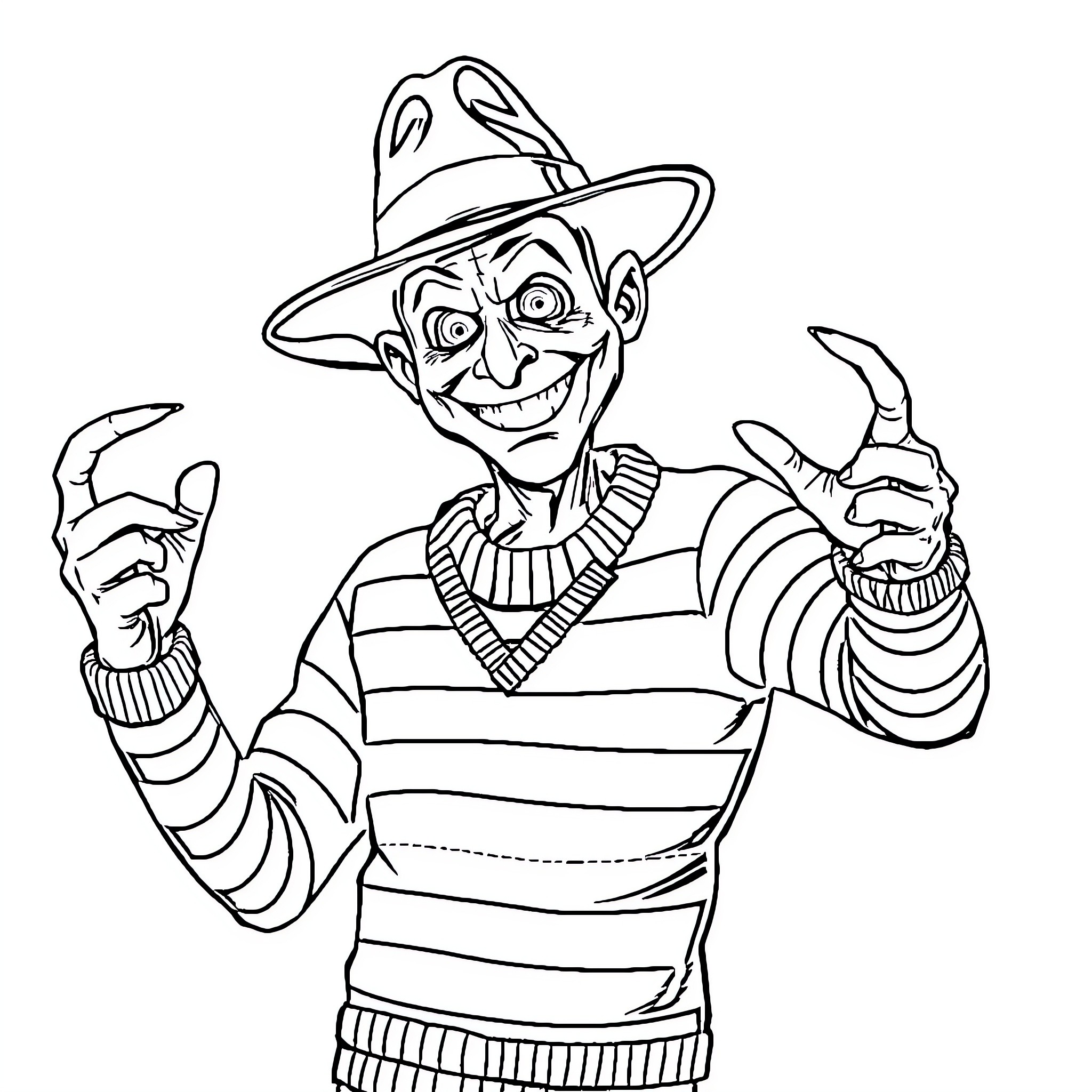 Freddy Krueger making a sinister gesture Coloring Page (free black-and-white line drawing printable PDF for all, from beginners to advanced learners, including children, teens, adults, and seniors)