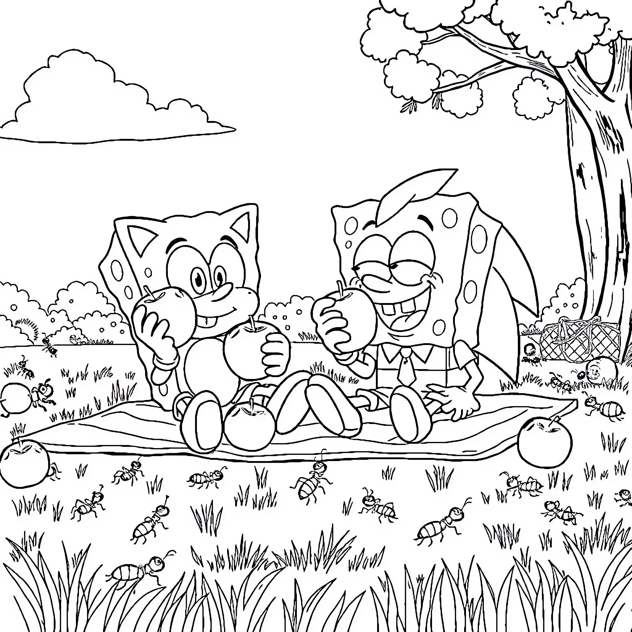 Sonic Characters Enjoying Nature's Wonders Coloring Page (free black-and-white line drawing printable PDF for all, from beginners to advanced learners, including children, teens, adults, and seniors)