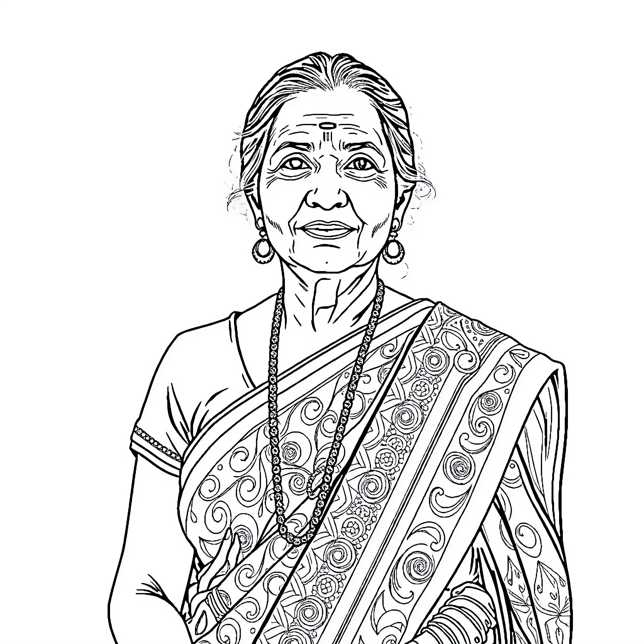 Woman in traditional Indian attire with ornate patterns Coloring Page (free black-and-white line drawing printable PDF for all, from beginners to advanced learners, including children, teens, adults, and seniors)