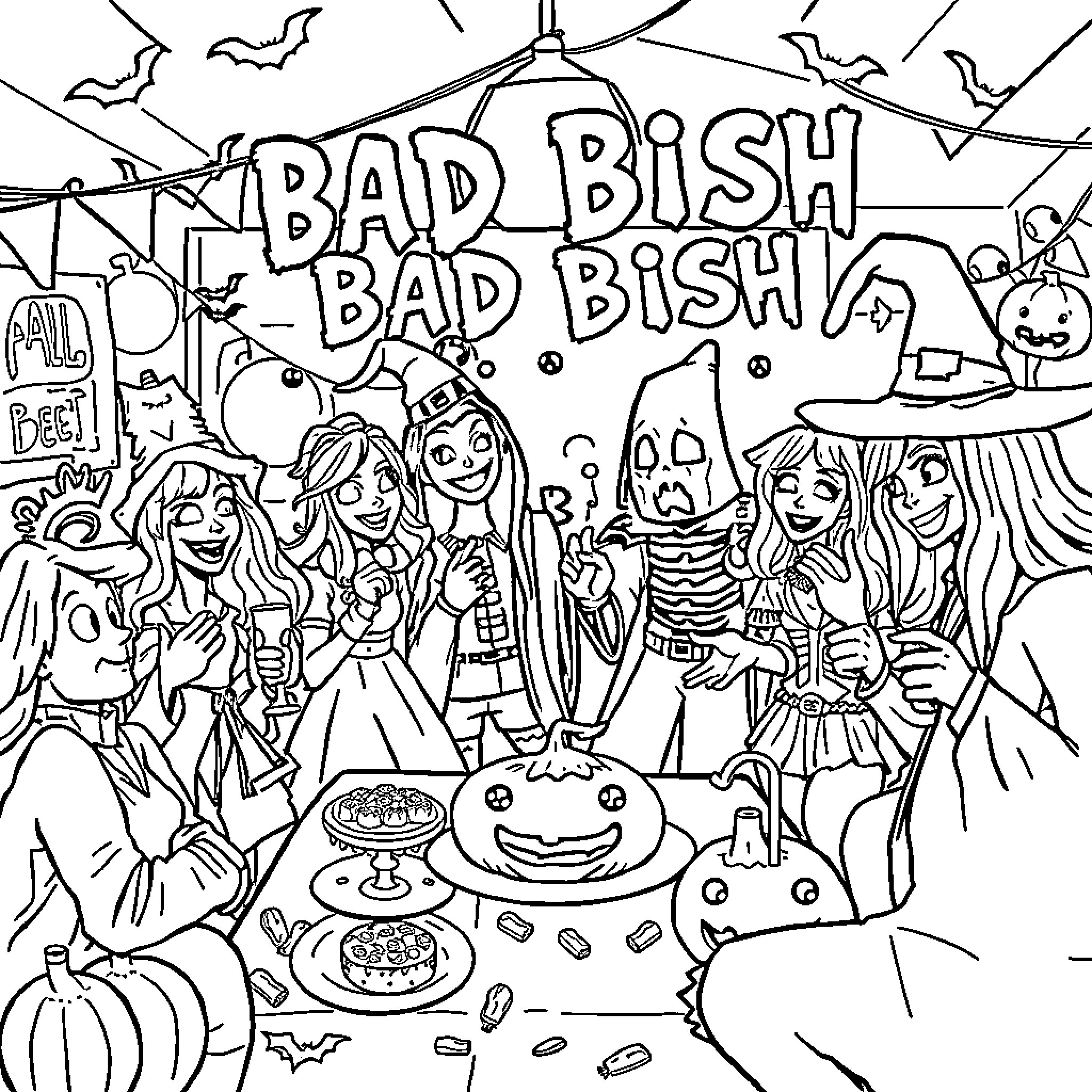 Bish Bad Bish Bad Halloween Party Coloring Page (free black-and-white line drawing printable PDF for all, from beginners to advanced learners, including children, teens, adults, and seniors)