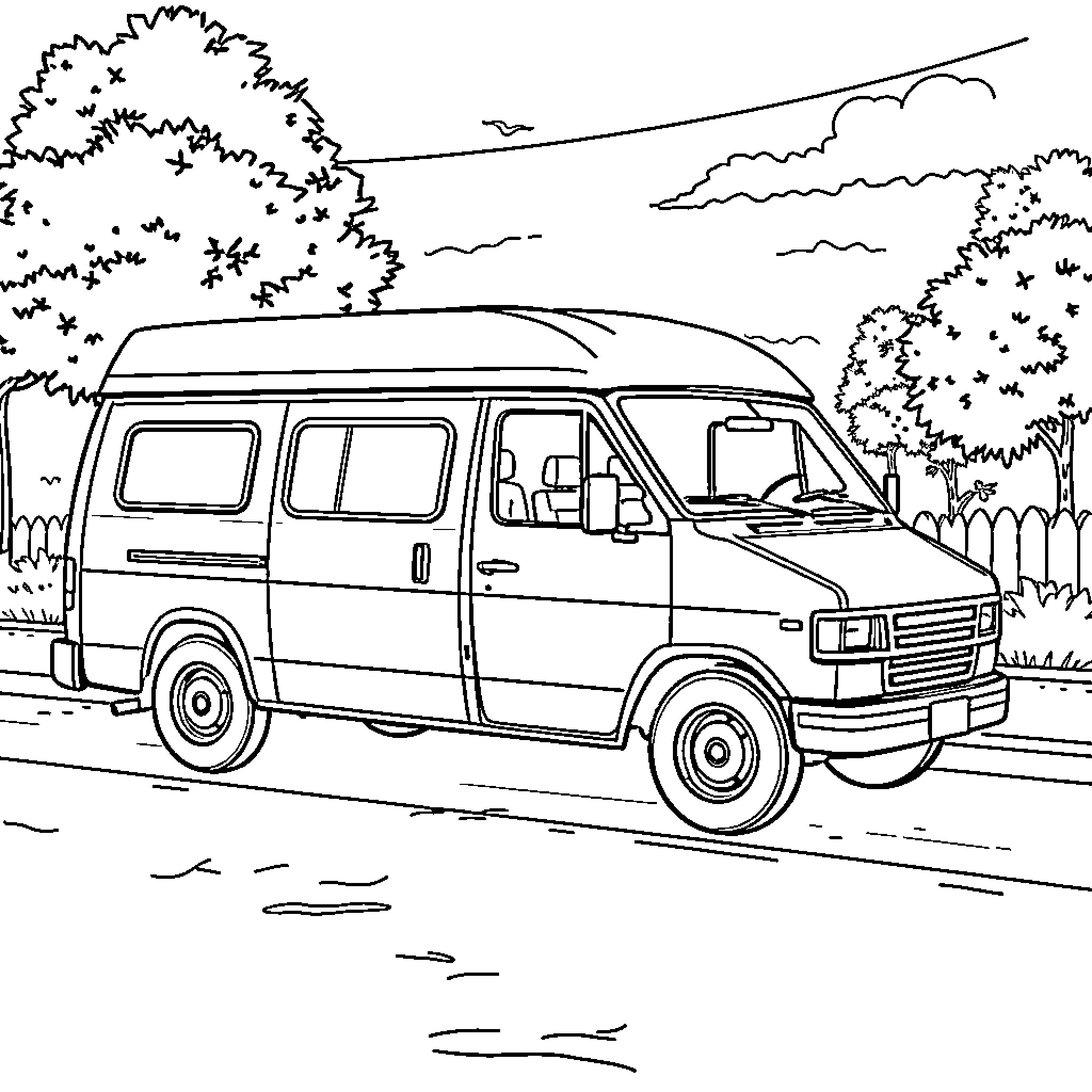 Van travels down the winding road Coloring Page (free black-and-white line drawing printable PDF for all, from beginners to advanced learners, including children, teens, adults, and seniors)