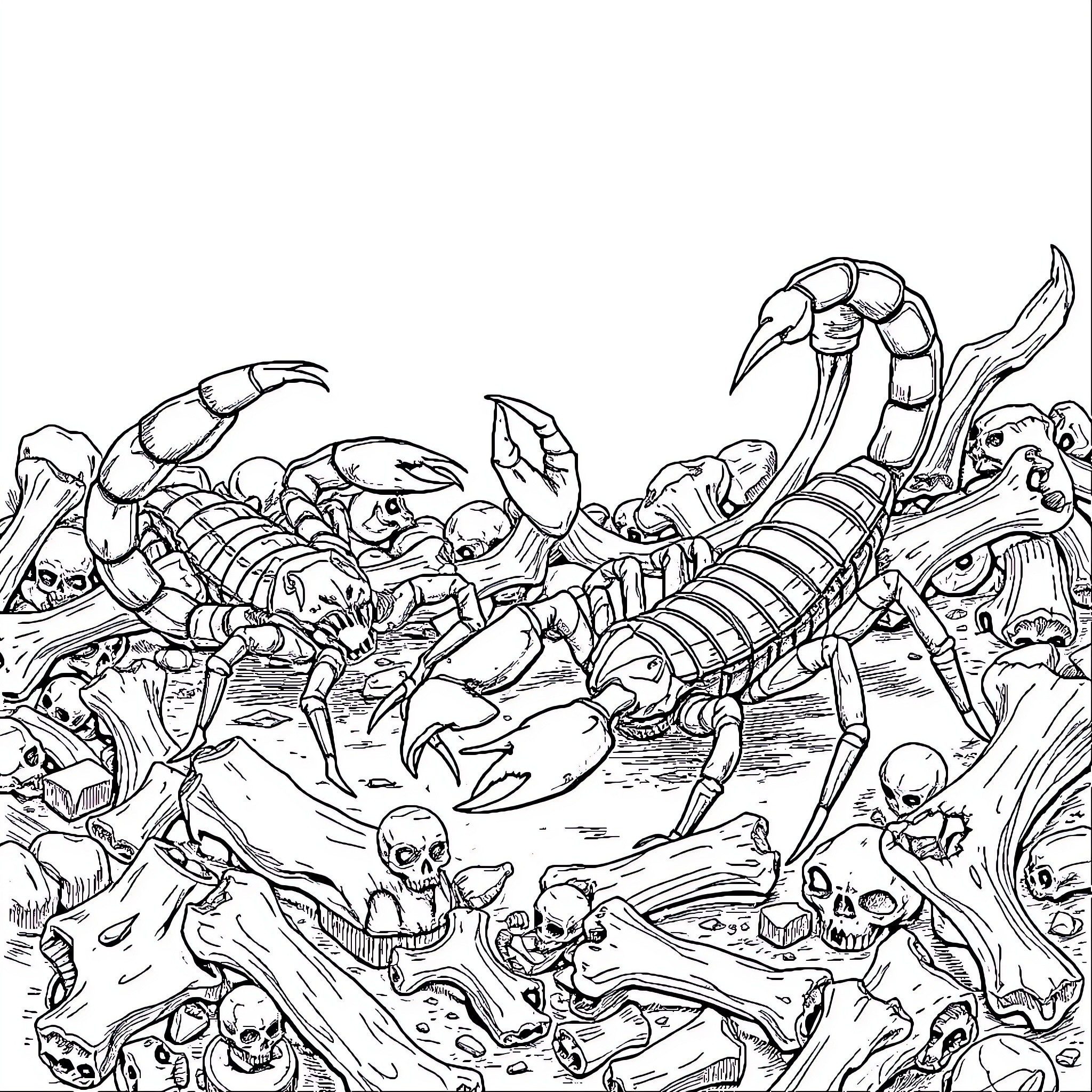 Scorpion Warriors in a Fantastical Underworld Coloring Page (free black-and-white line drawing printable PDF for all, from beginners to advanced learners, including children, teens, adults, and seniors)