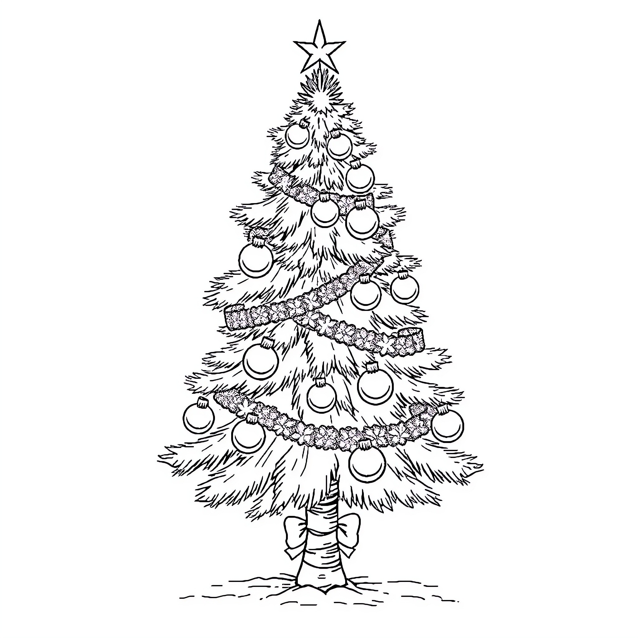 Christmas Tree with Ornaments and Star Coloring Page (free black-and-white line drawing printable PDF for all, from beginners to advanced learners, including children, teens, adults, and seniors)