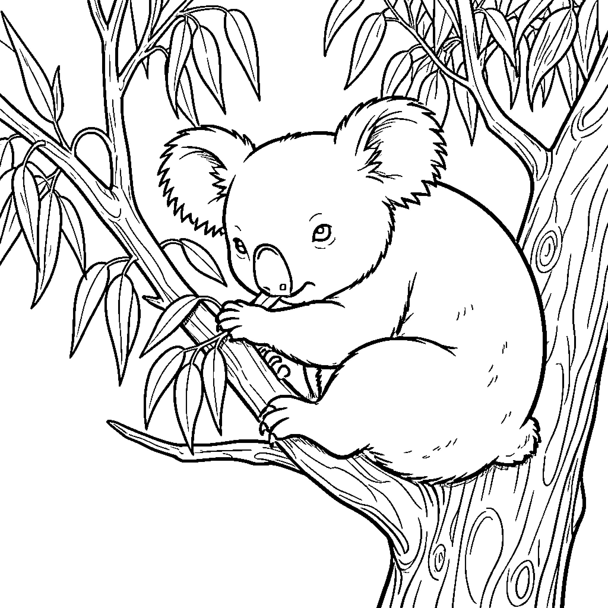 Koala sitting on a tree branch eating leaves Coloring Page (free black-and-white line drawing printable PDF for all, from beginners to advanced learners, including children, teens, adults, and seniors)