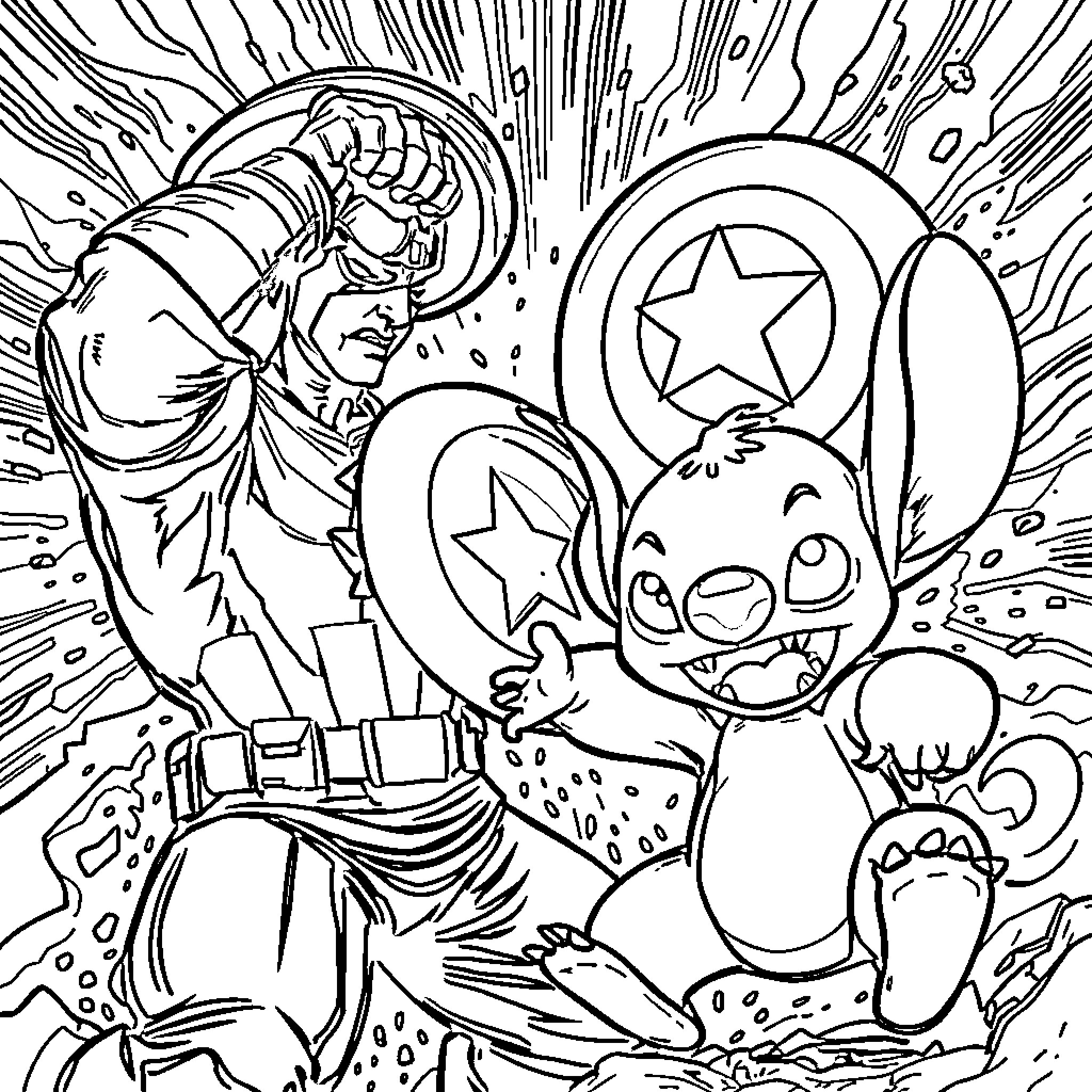 Captain America and Stitch Superhero Showdown Coloring Page (free black-and-white line drawing printable PDF for all, from beginners to advanced learners, including children, teens, adults, and seniors)