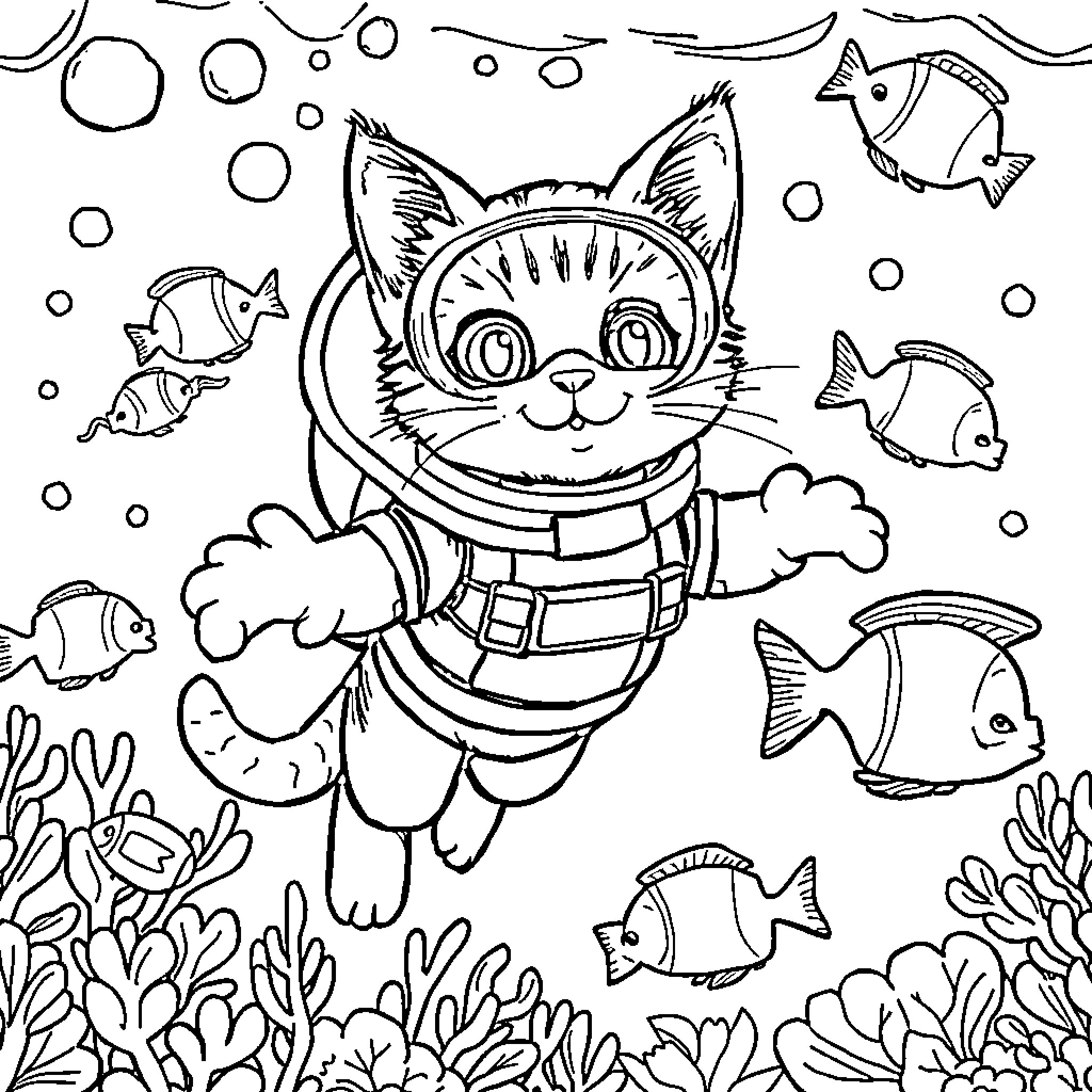Cat in underwater diving gear with fish Coloring Page (free black-and-white line drawing printable PDF for all, from beginners to advanced learners, including children, teens, adults, and seniors)