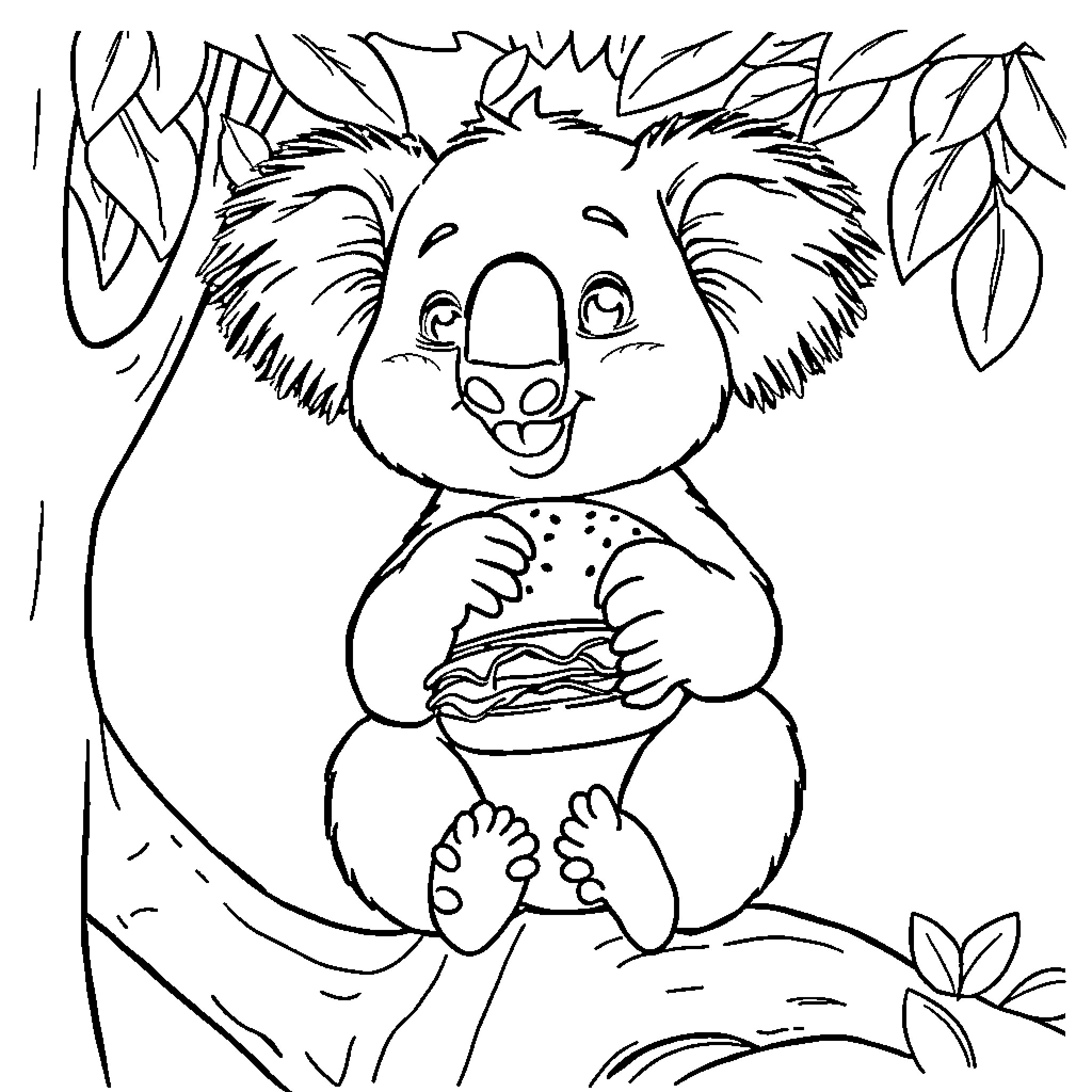 Koala enjoying a tasty snack in the wild Coloring Page (free black-and-white line drawing printable PDF for all, from beginners to advanced learners, including children, teens, adults, and seniors)